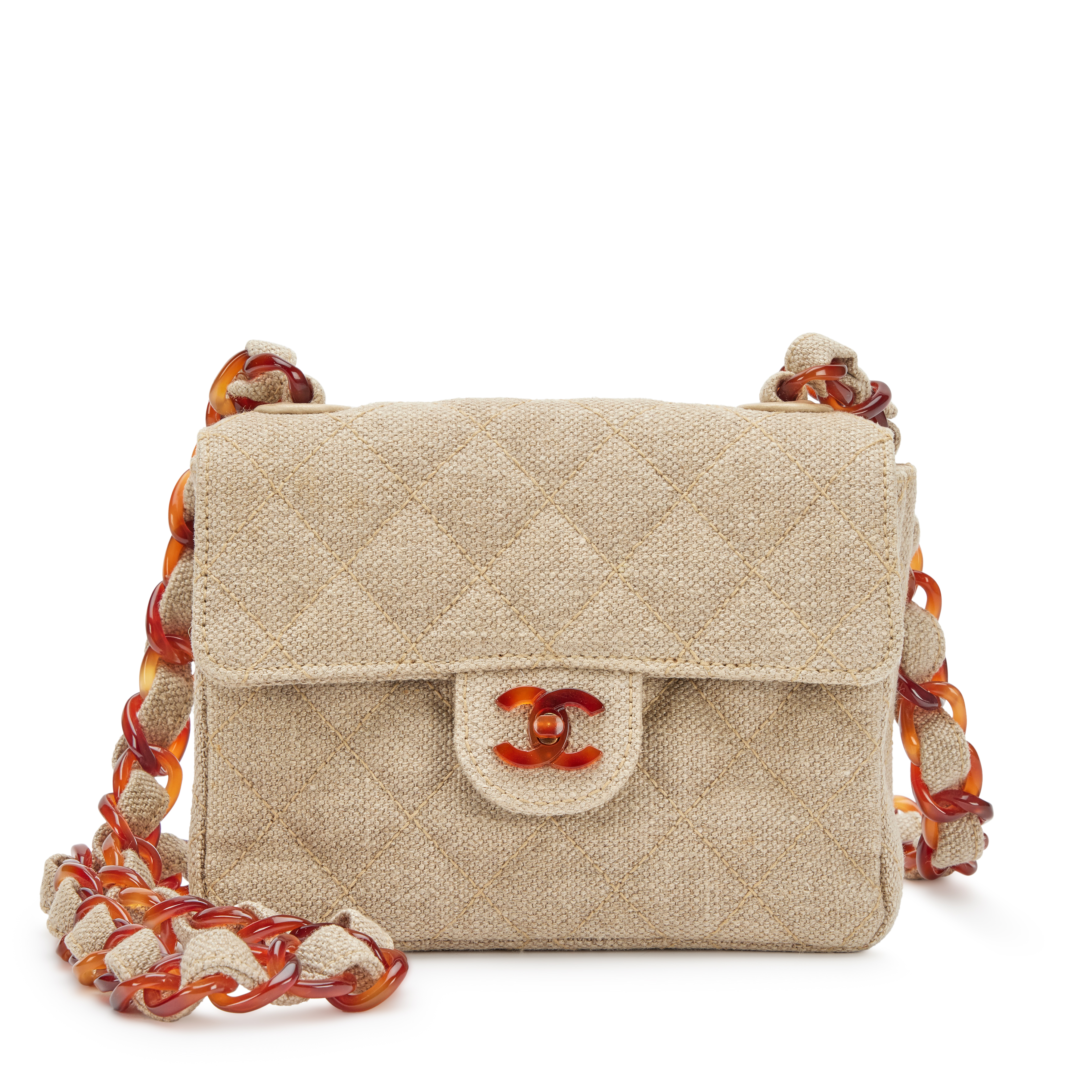 Chanel Vintage Beige Quilted Linen Canvas Mini Square Classic