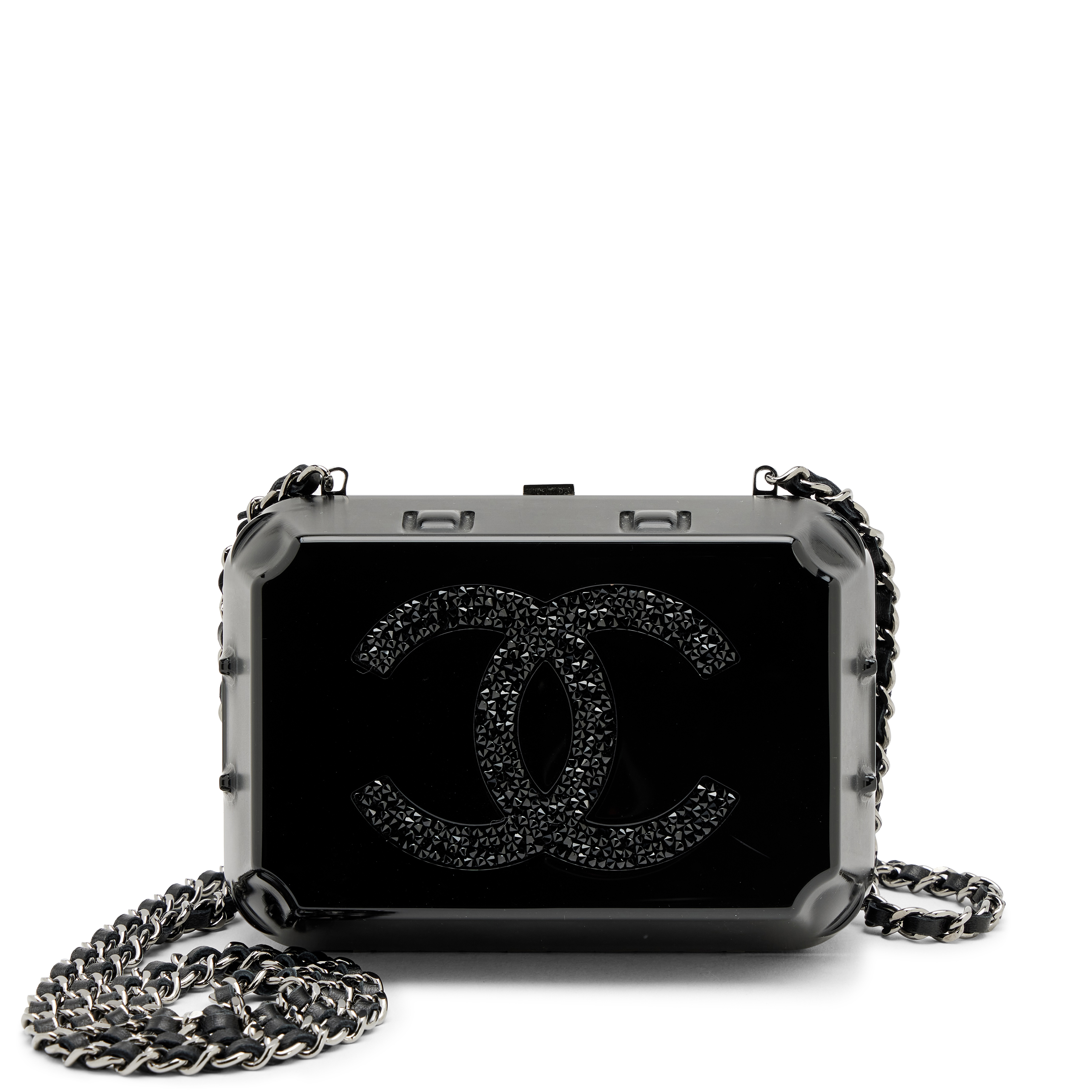 早い物勝ち！ノベルティー　CHANEL ブラック レザー ケース Chanel Black Plexiglass Supermarket Egg Carton Minaudière Strass
