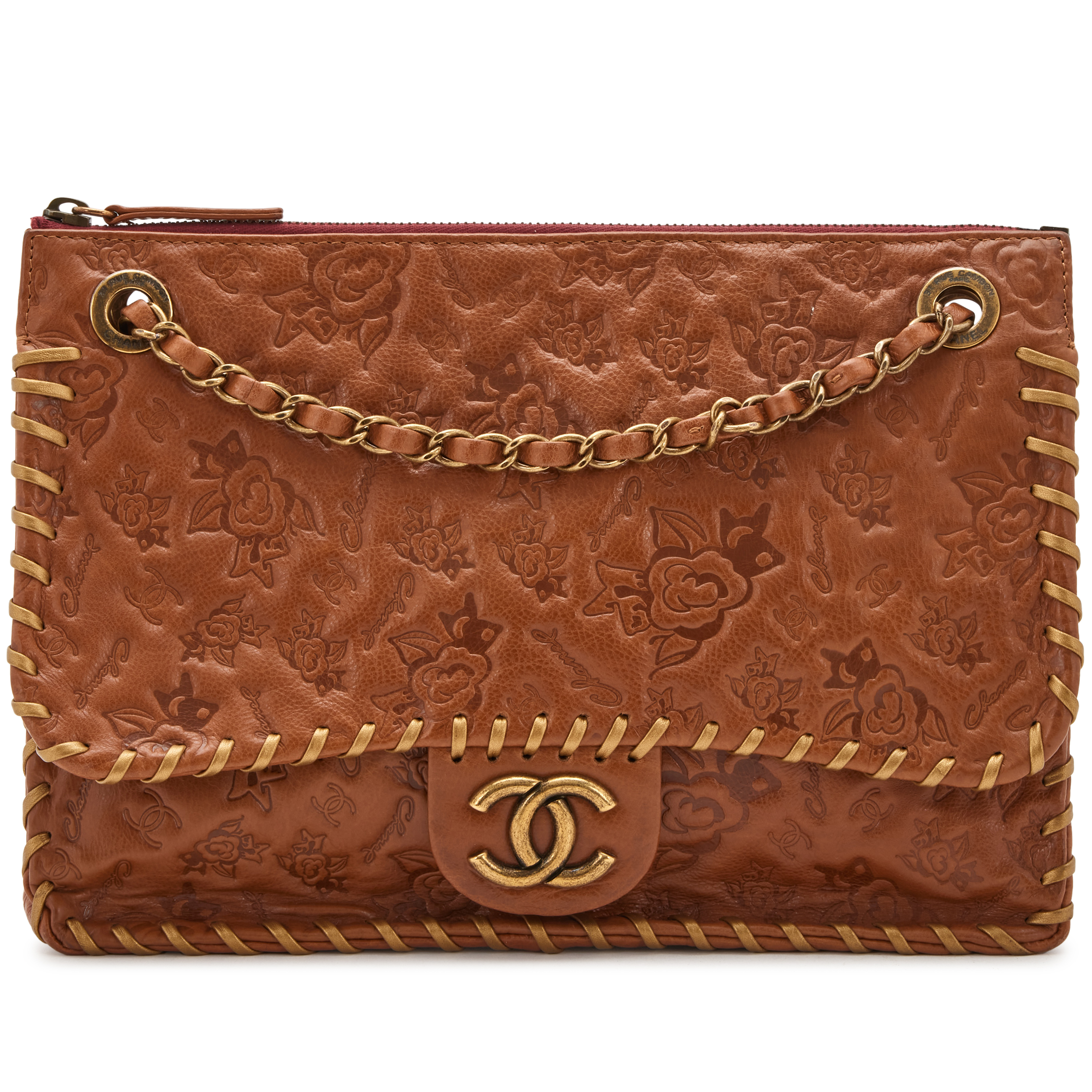 Chanel Caramel Brown Calfskin Embossed Camellia CC Logo Symbols