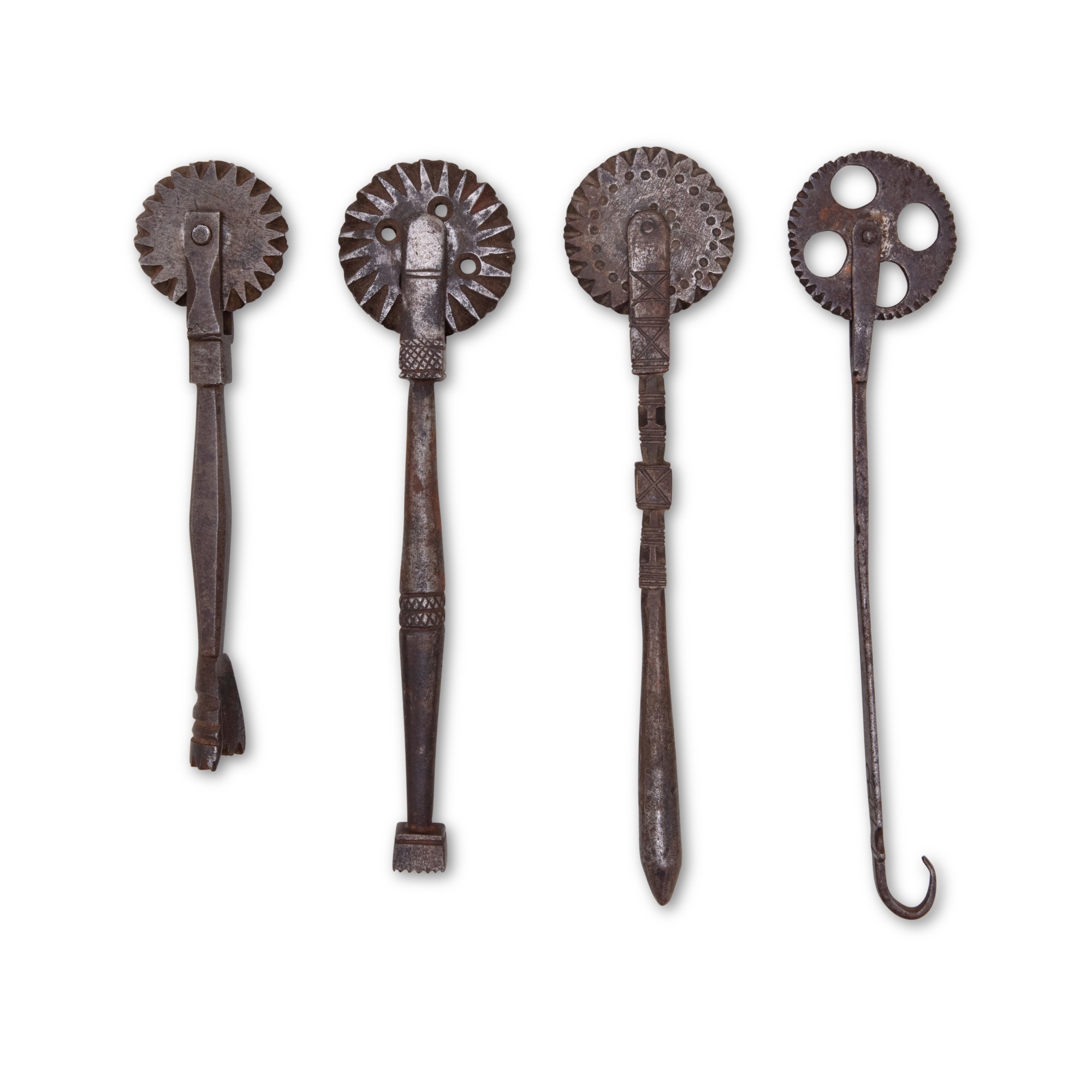 Group of Four HandWrought Iron Jagging Wheels, Southeastern Pennsylvania, Late 18th or Early