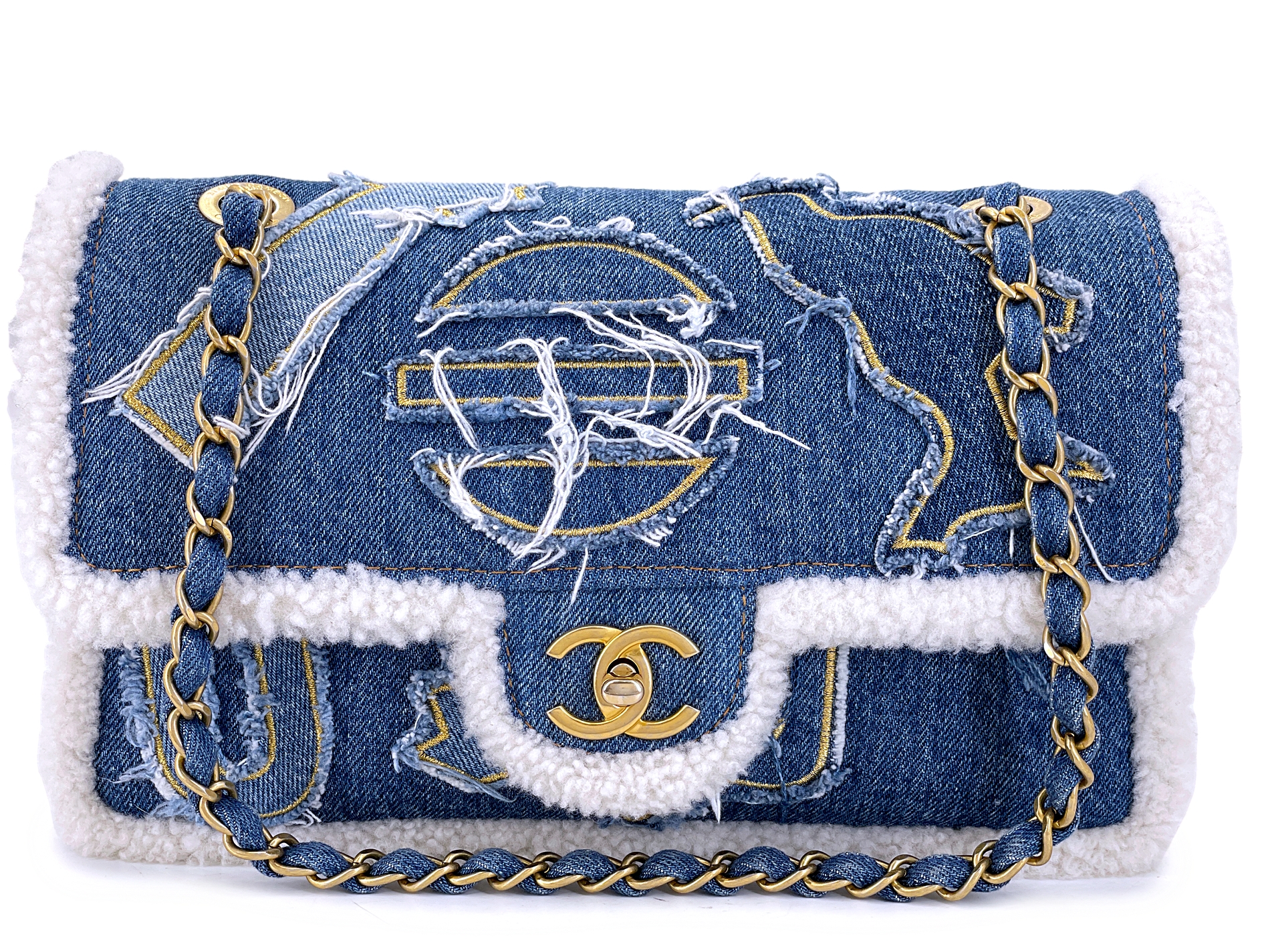 Chanel Blue Denim, White Shearling Paris-New York Hieroglyph Maxi
