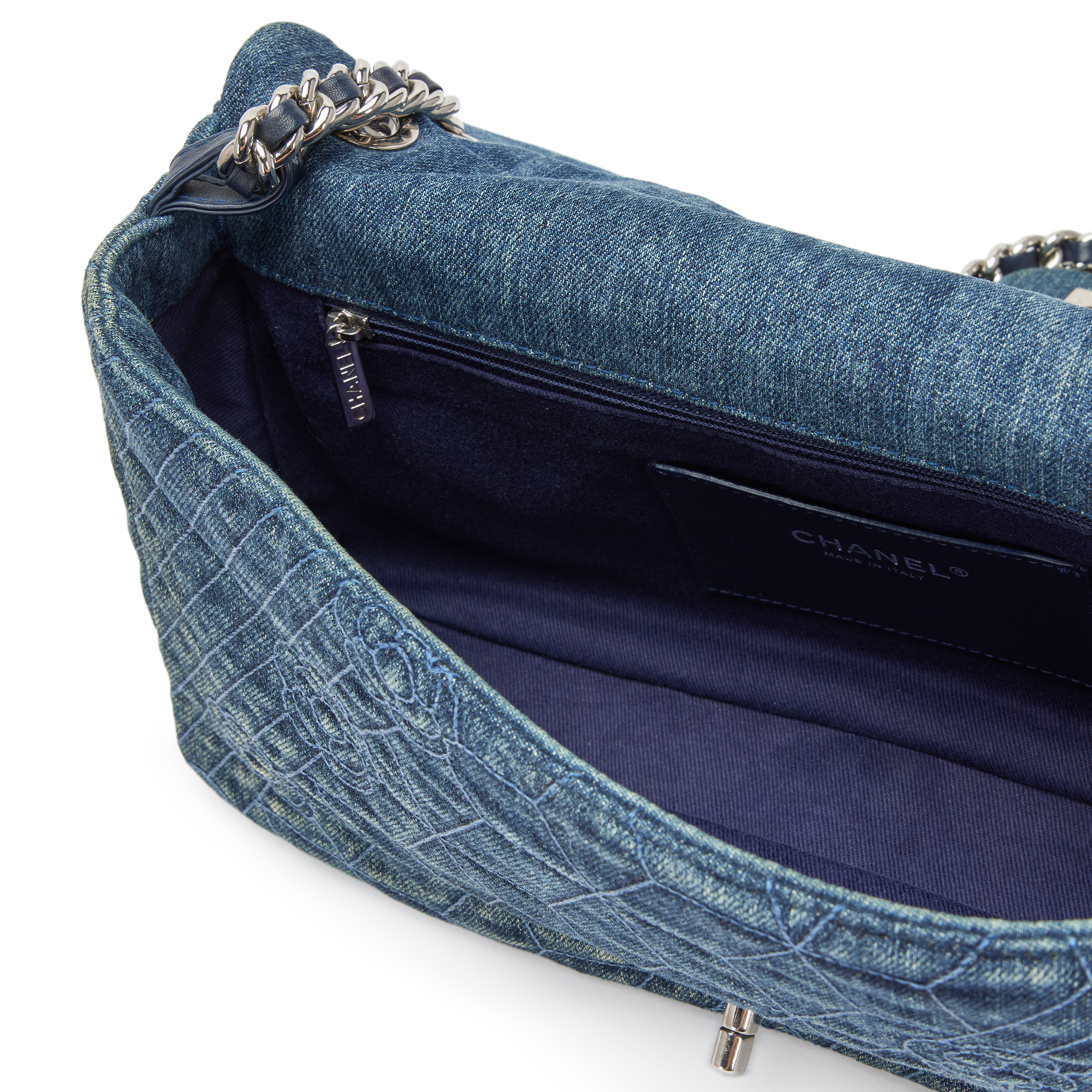 Chanel Blue Camellia Embroidered Quilted Denim Large Flap Bag