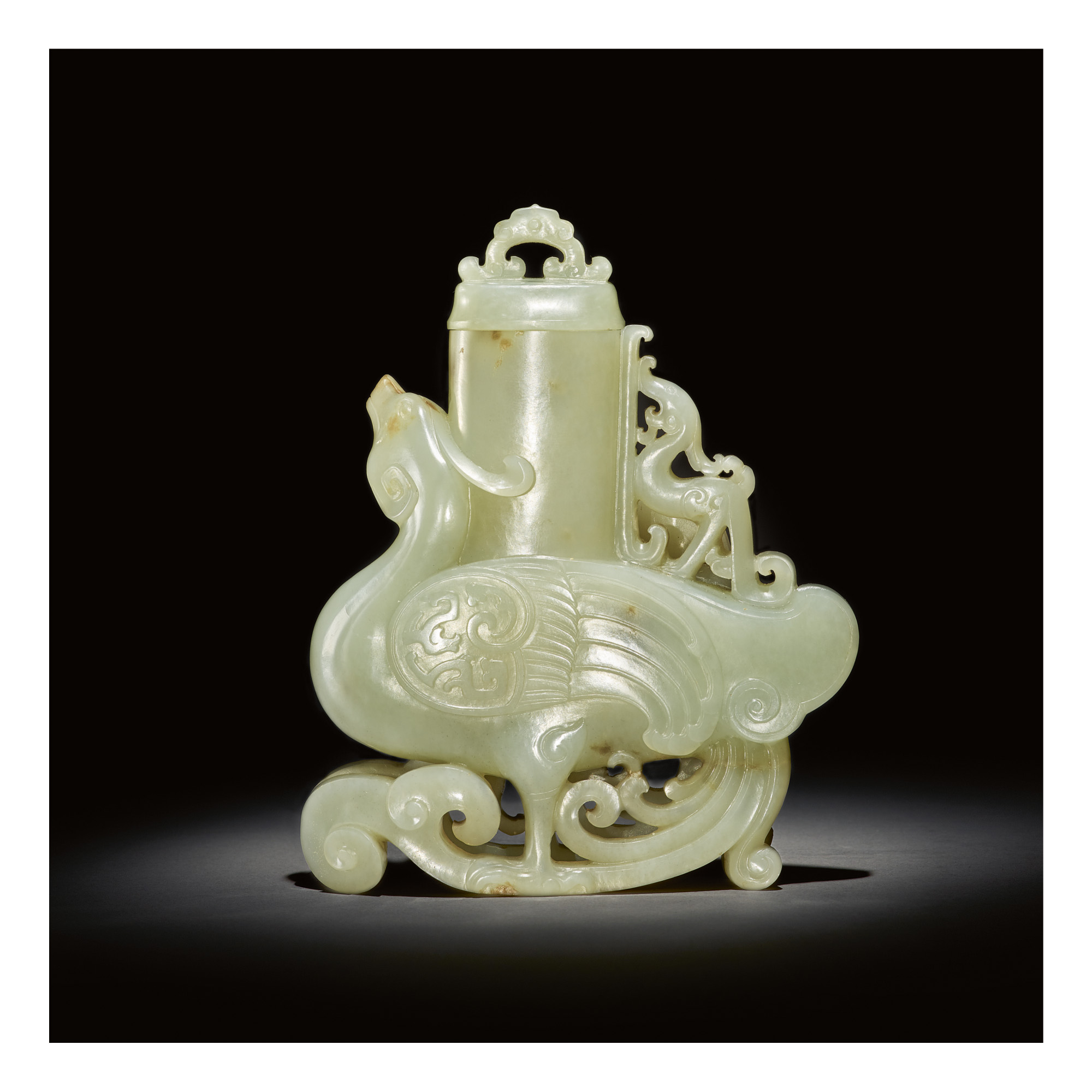 A PALE CELADON JADE 'PHOENIX' VASE AND COVER, QING DYNASTY, QIANLONG