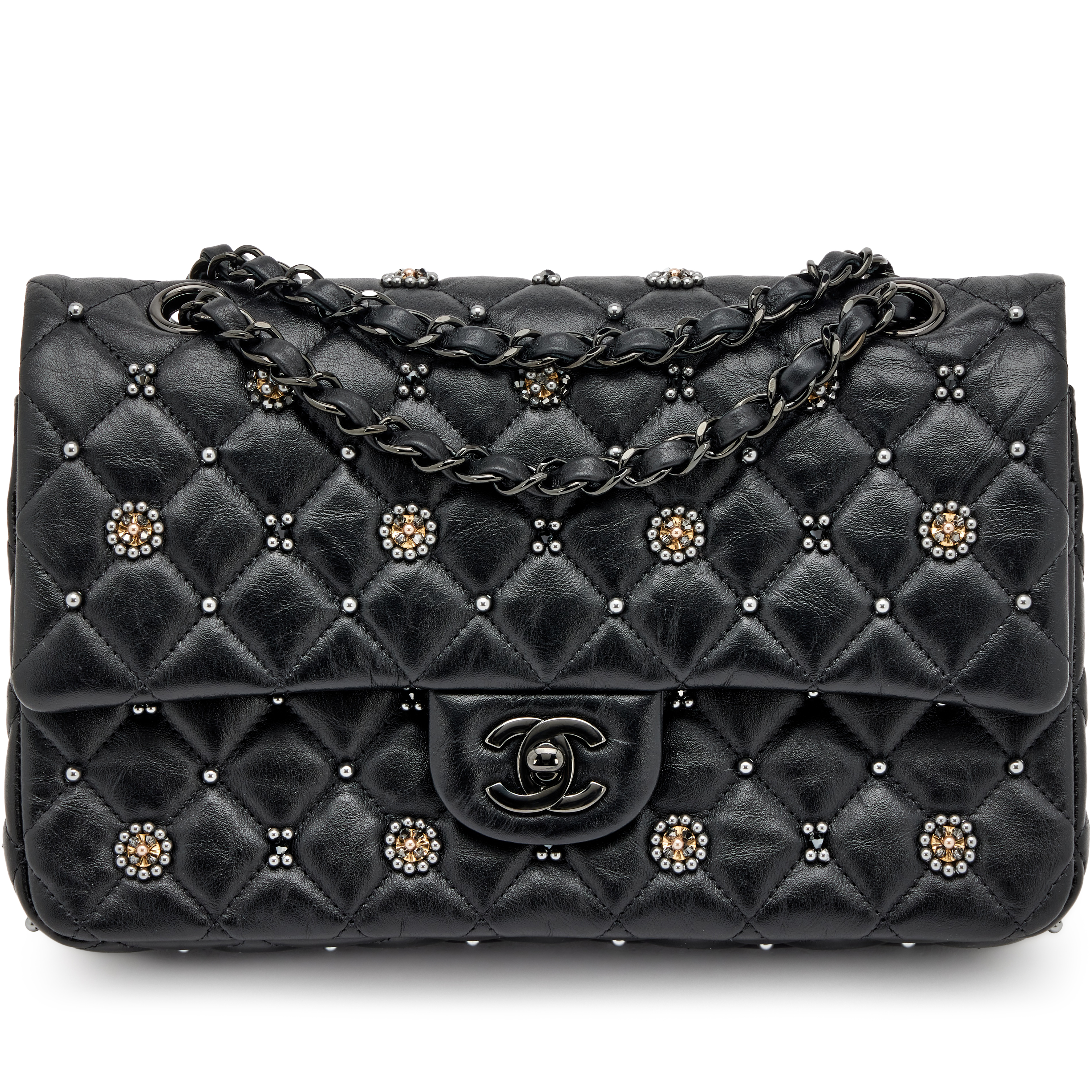 Chanel Black Quilted Crumpled Calfsksin Bejewelled Beaded