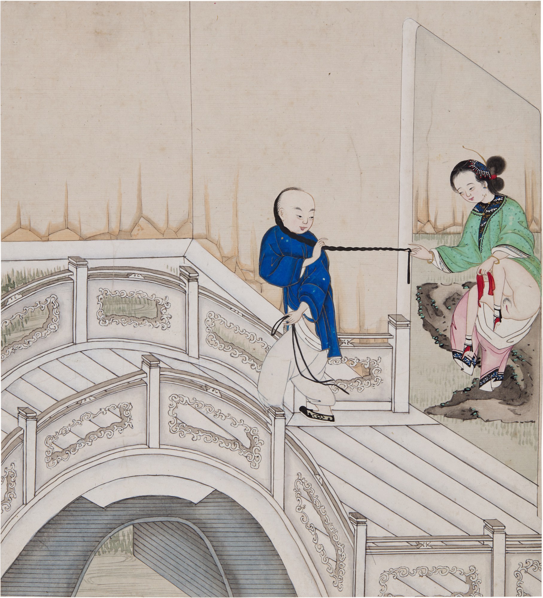 A set of four Chinese School ink and colour on paper 'erotic' paintings ...