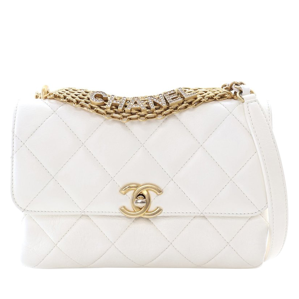 Chanel White Quilted Lambskin Mini CC Crystal Logo Chain