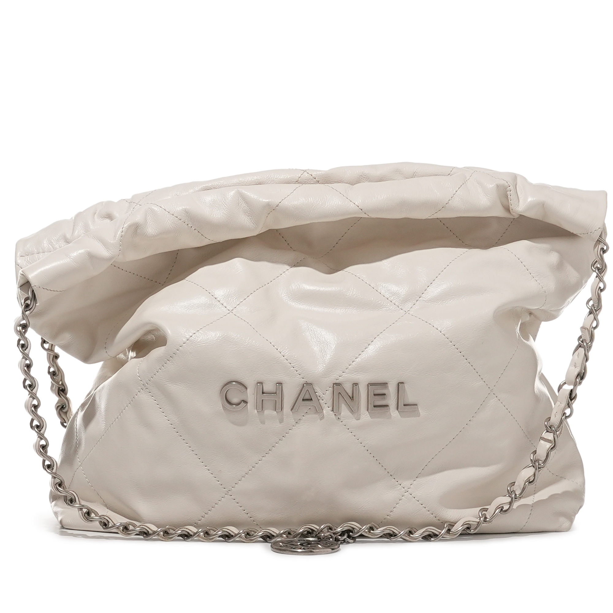Chanel White Quilted Calfskin Small 22 Bag Brushed Silver Hardware