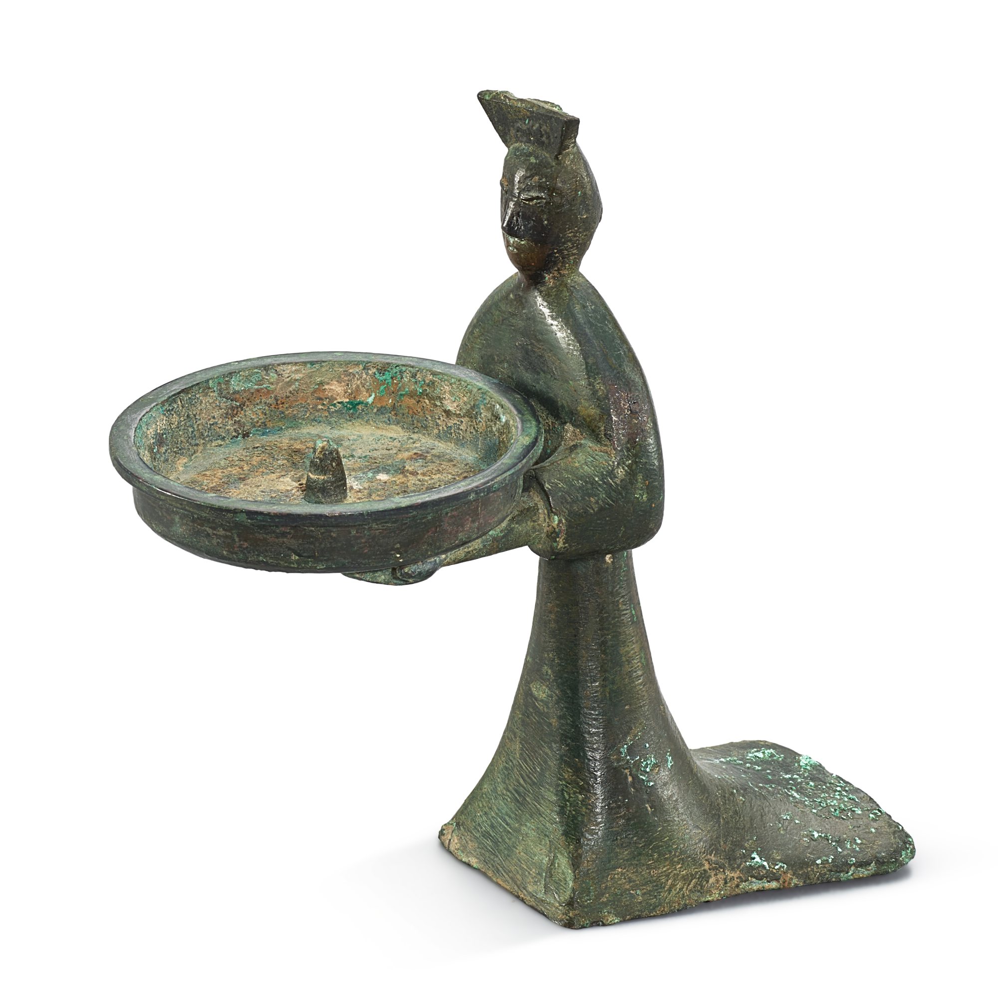 A rare bronze 'kneeling lady' oil lamp, Qin Han dynasty 秦至漢 青銅宮女捧燈