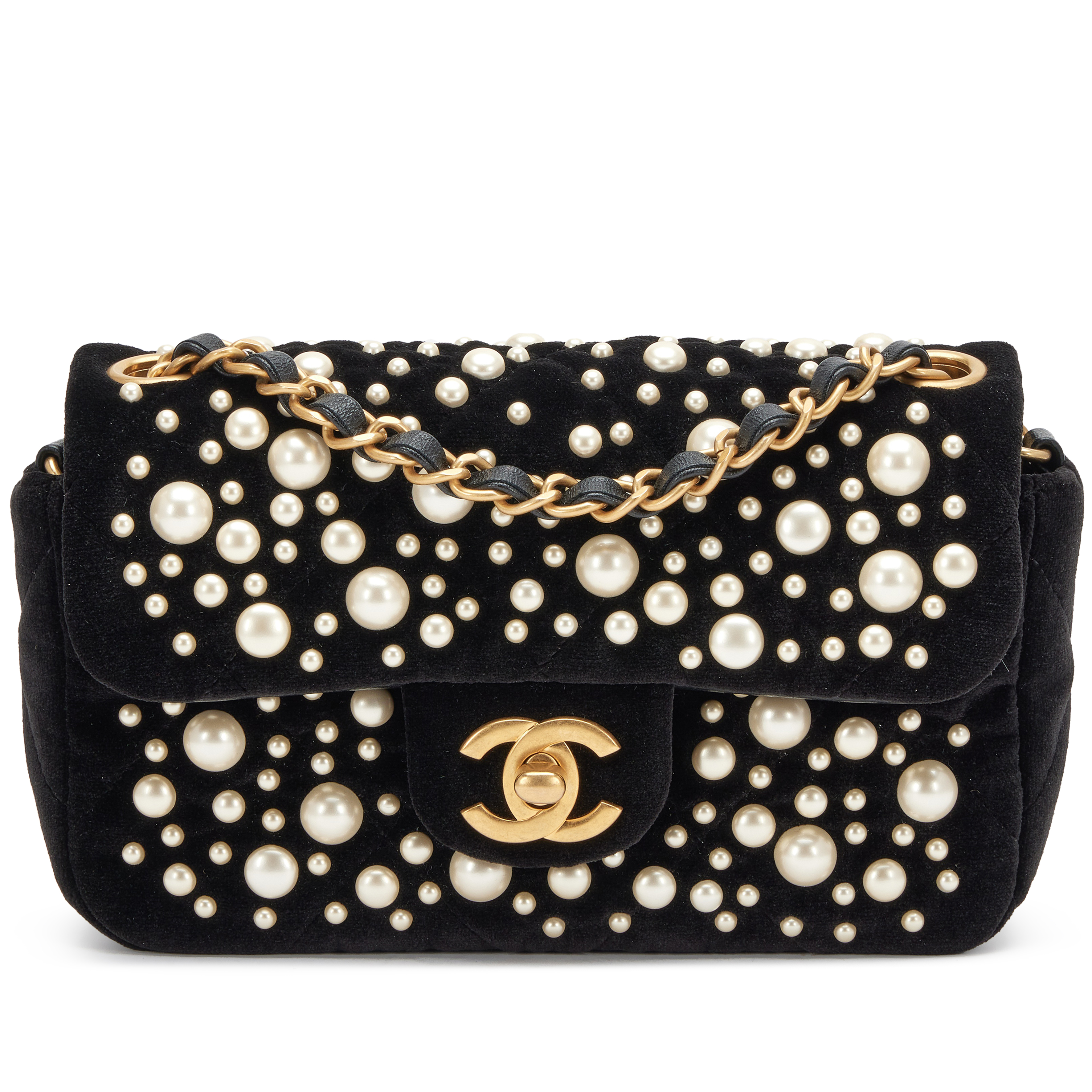 Chanel Black Velvet Imitation Pearl Embellished Rectangular Mini