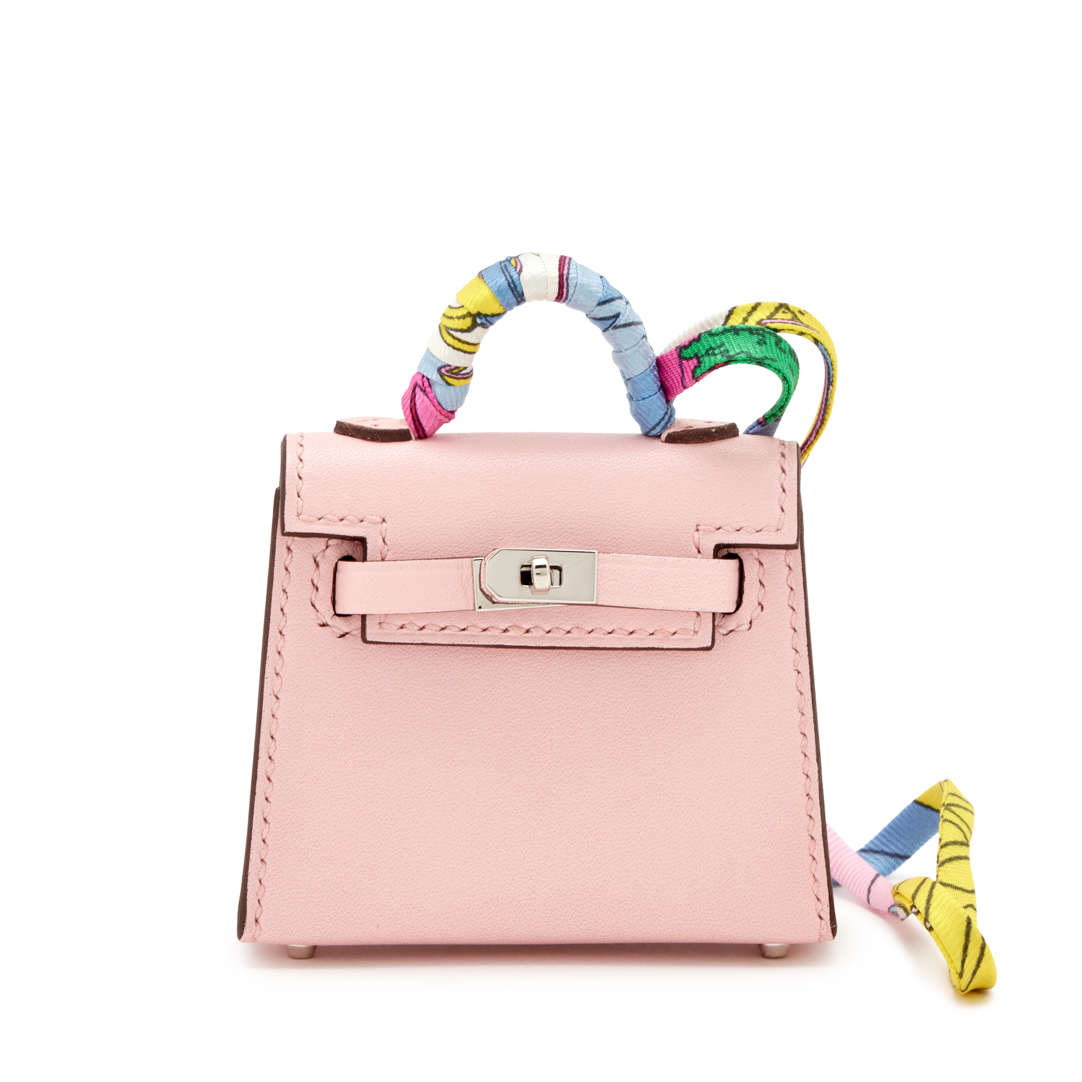 Hermès Rose Sakura Tadelakt Mini Kelly Twilly Bag Charm Palladium