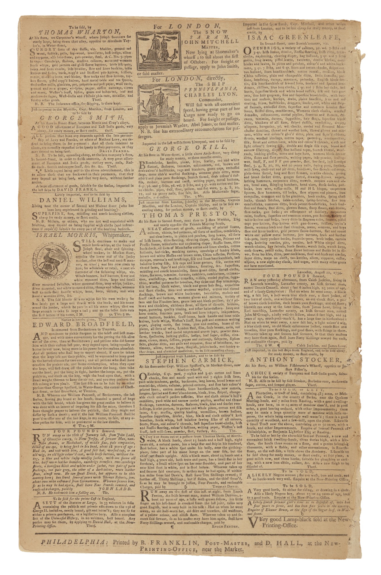 THE PENNSYLVANIA GAZETTE Two 1754 Issues of Benjamin Franklin's