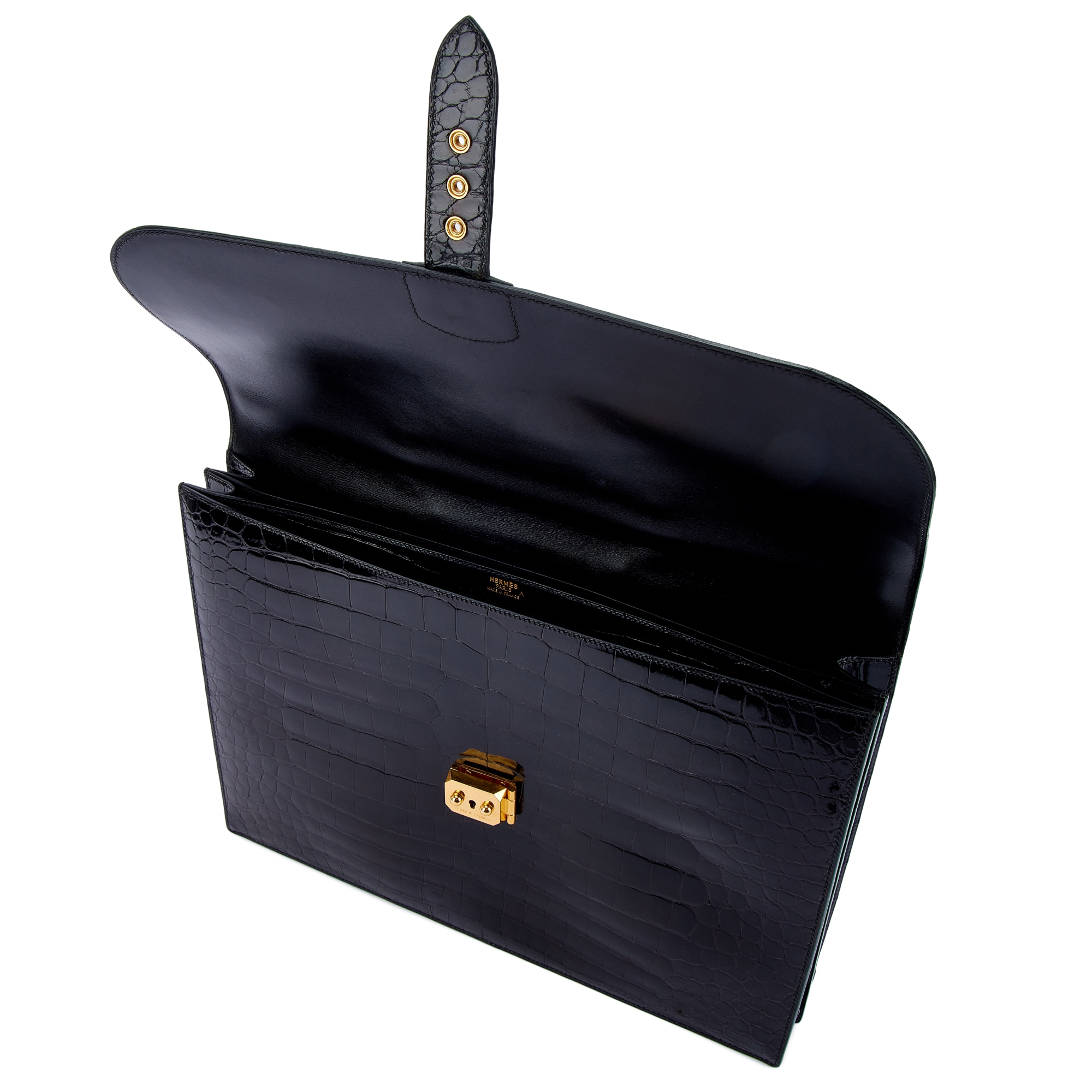 Hermès Black Shiny Porosus Crocodile Sac A Depeches 41 Gold