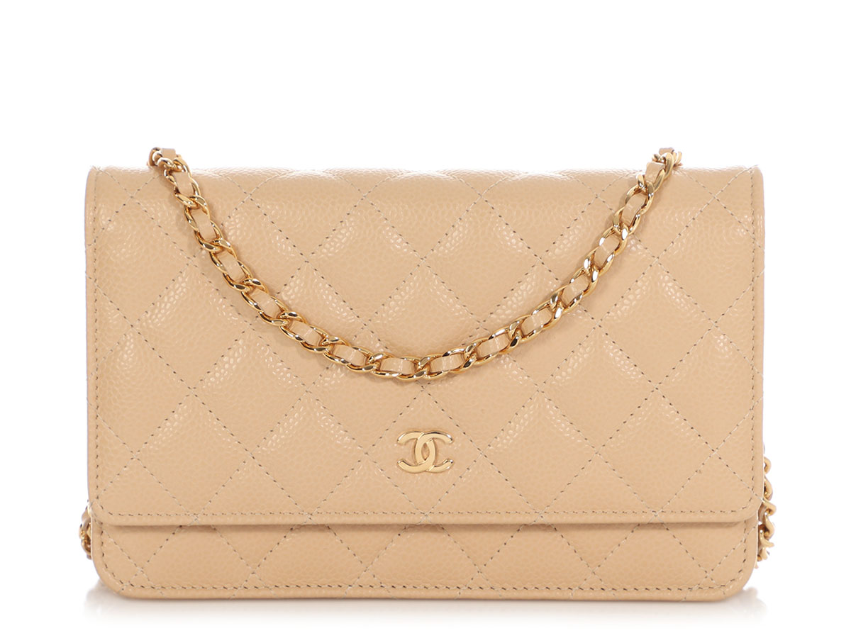 Chanel Beige Quilted Caviar Wallet On Chain WOC Gold Hardware