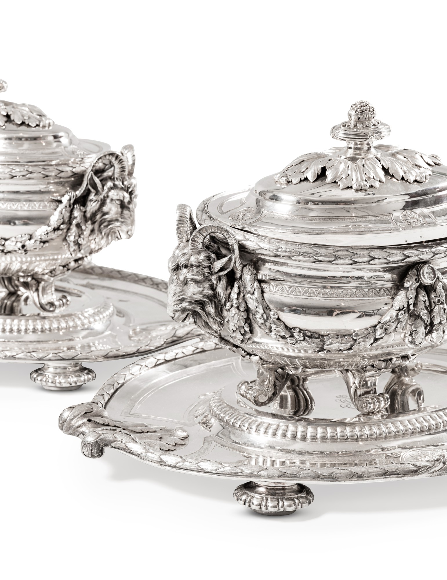 A pair of French silver tureens, covers, stands and liners, Robert