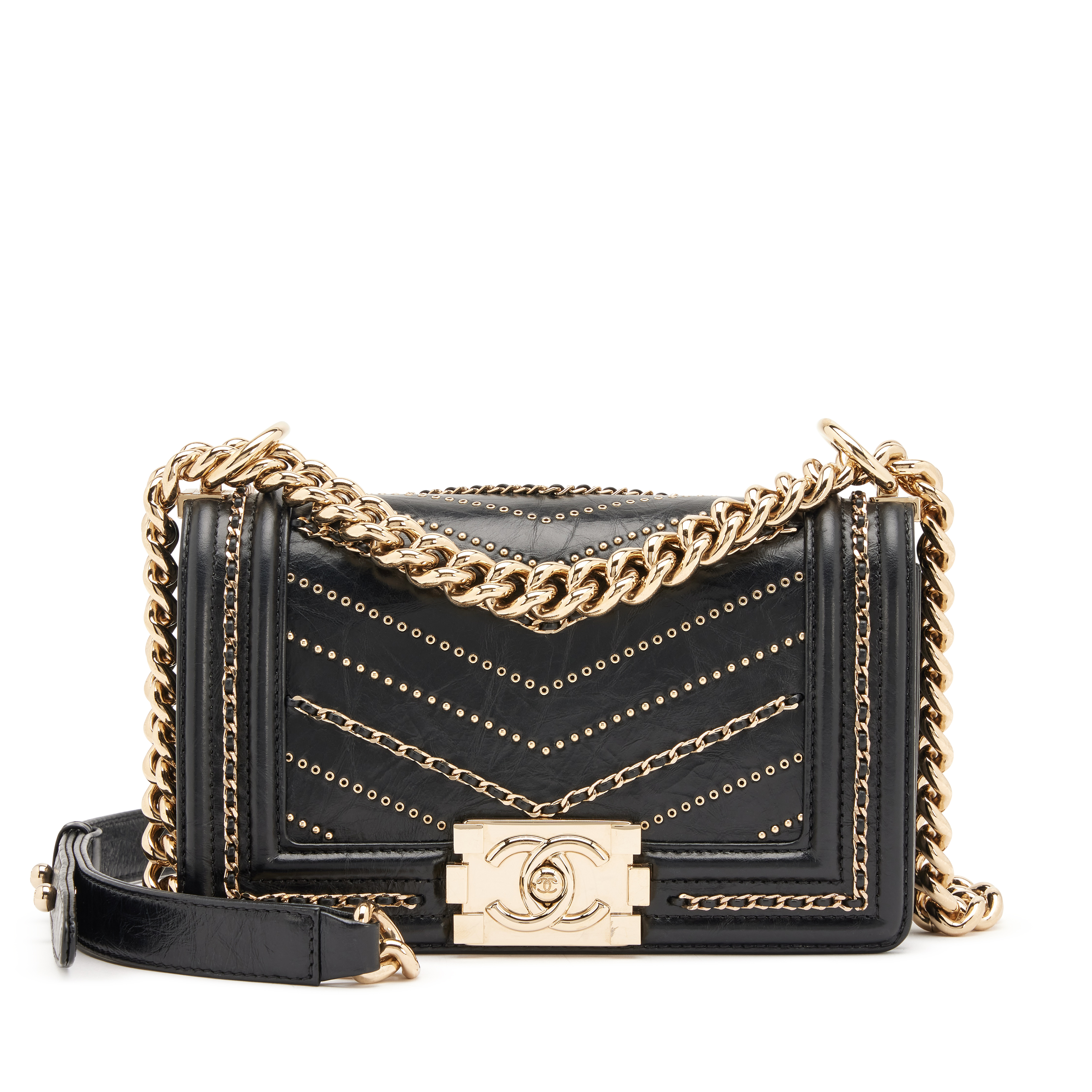 Chanel Black Crumpled Calfskin Chevron Embellished Chain