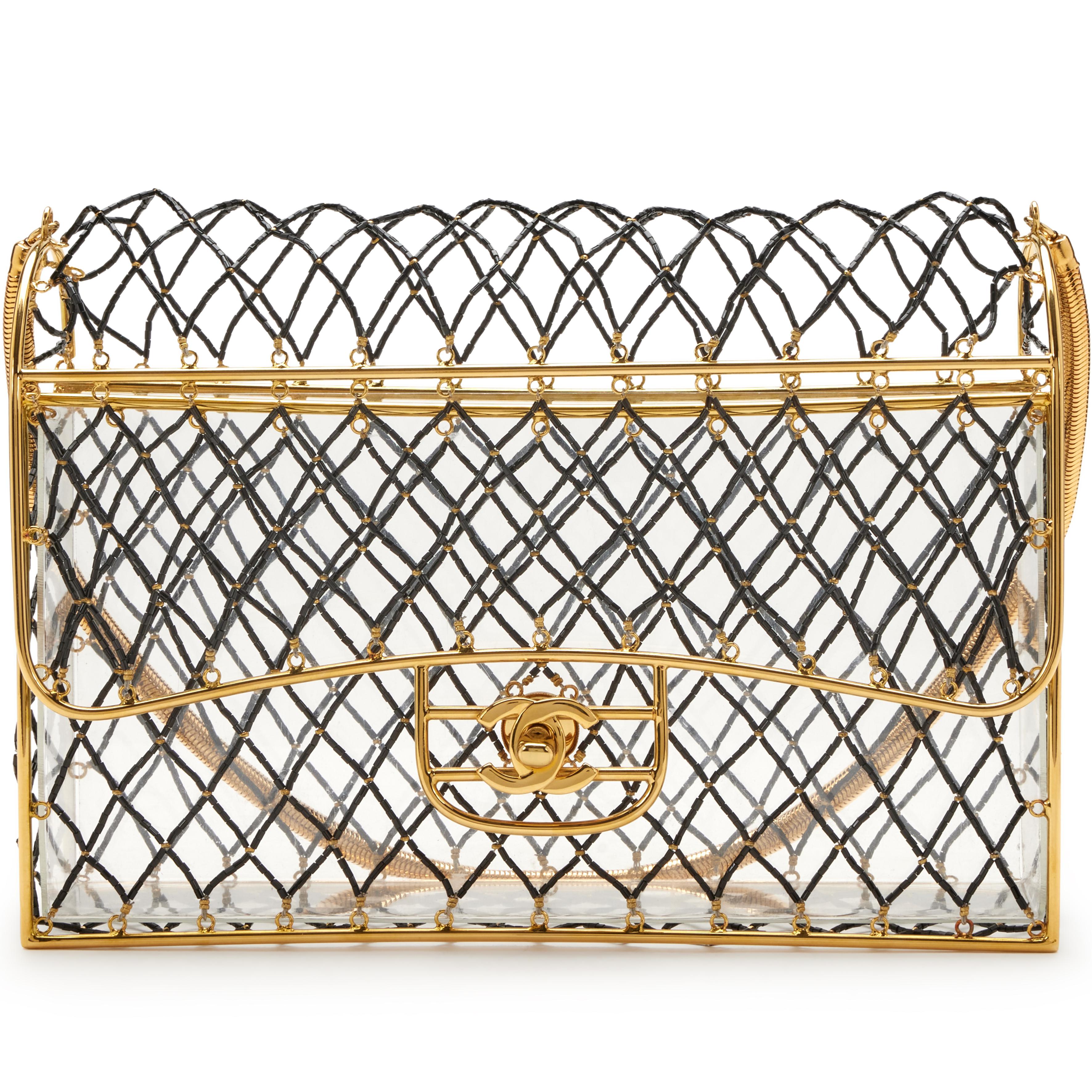Chanel Black Beaded Lucite Medium Cage Flap Gold Hardware, 1990s