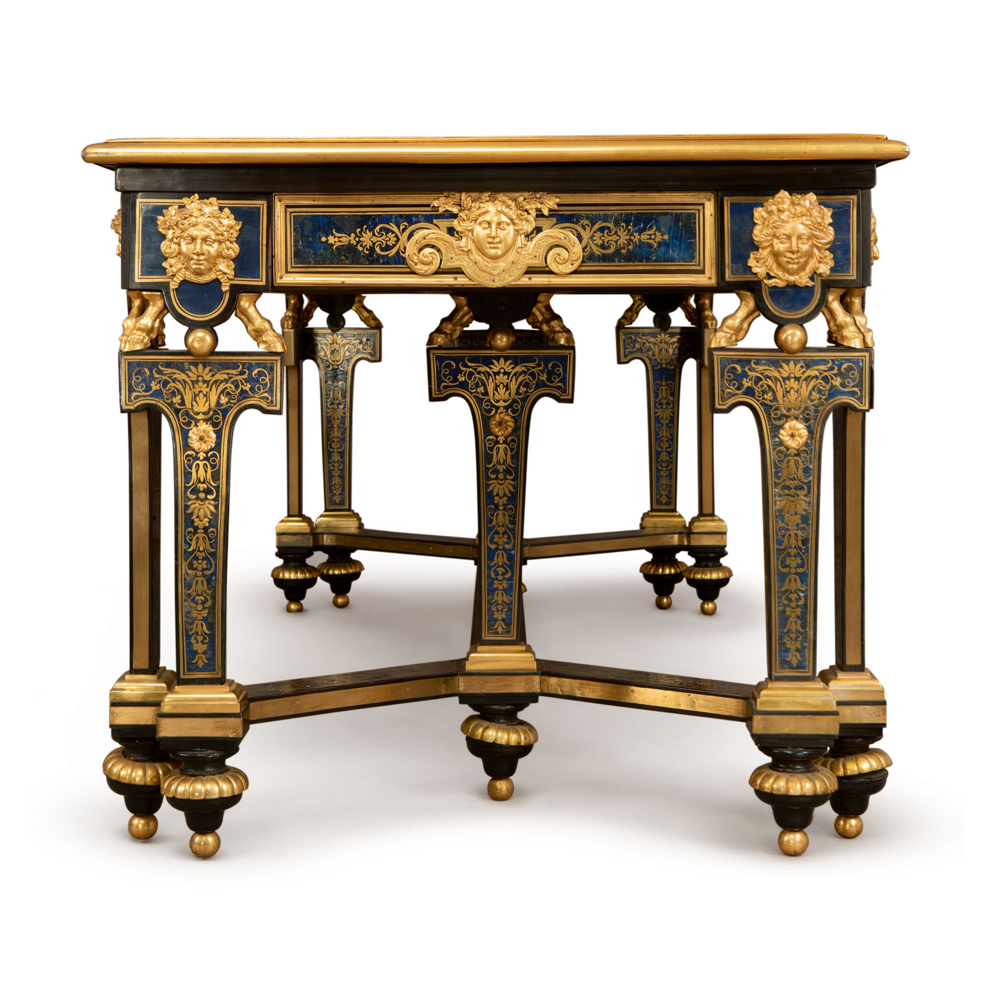 A LOUIS XIV STYLE GILTBRONXE MOUNTED AND BRASSINLAID EBONY AND BLUE