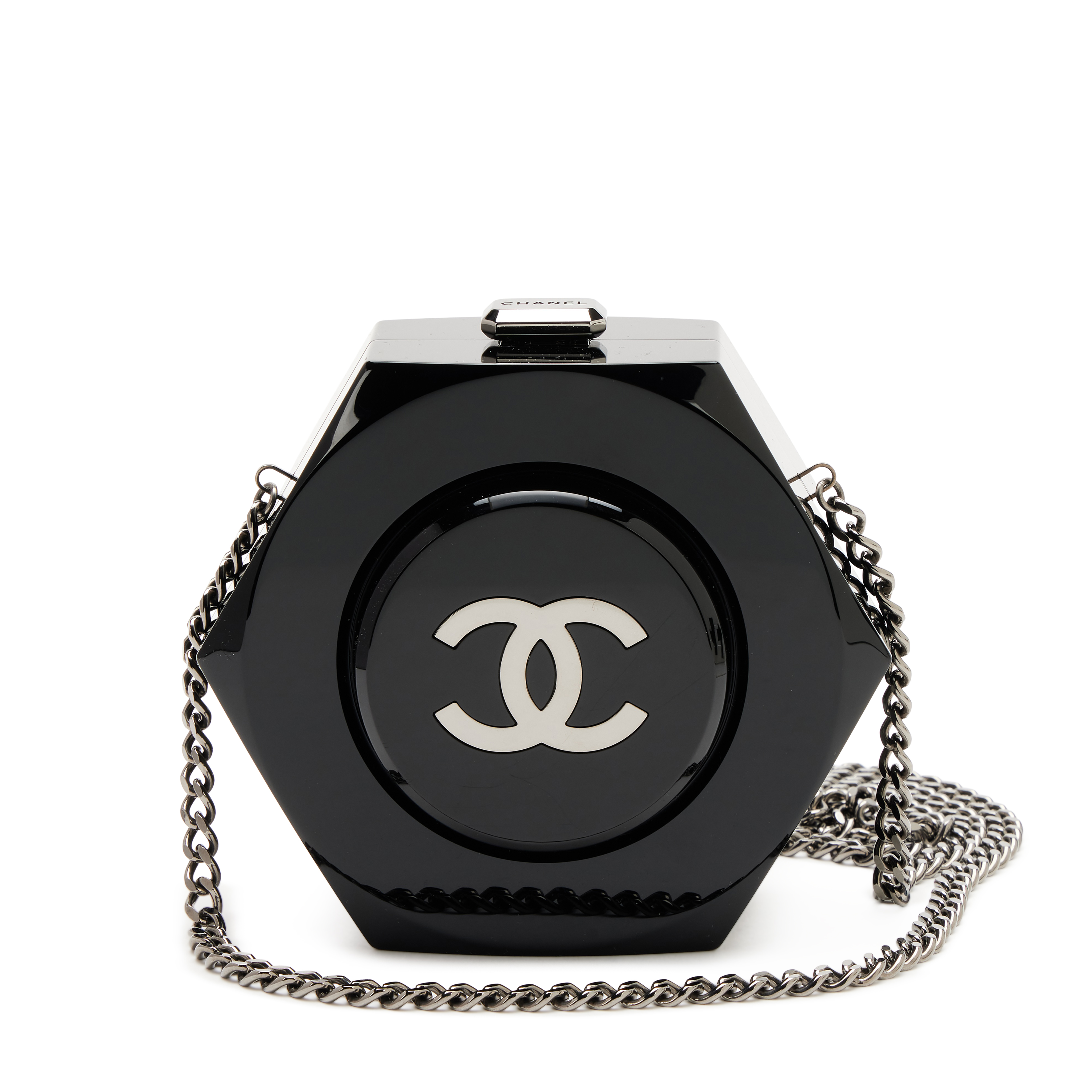 Chanel Black Plexiglass Octagon CC Minaudière Clutch Ruthenium