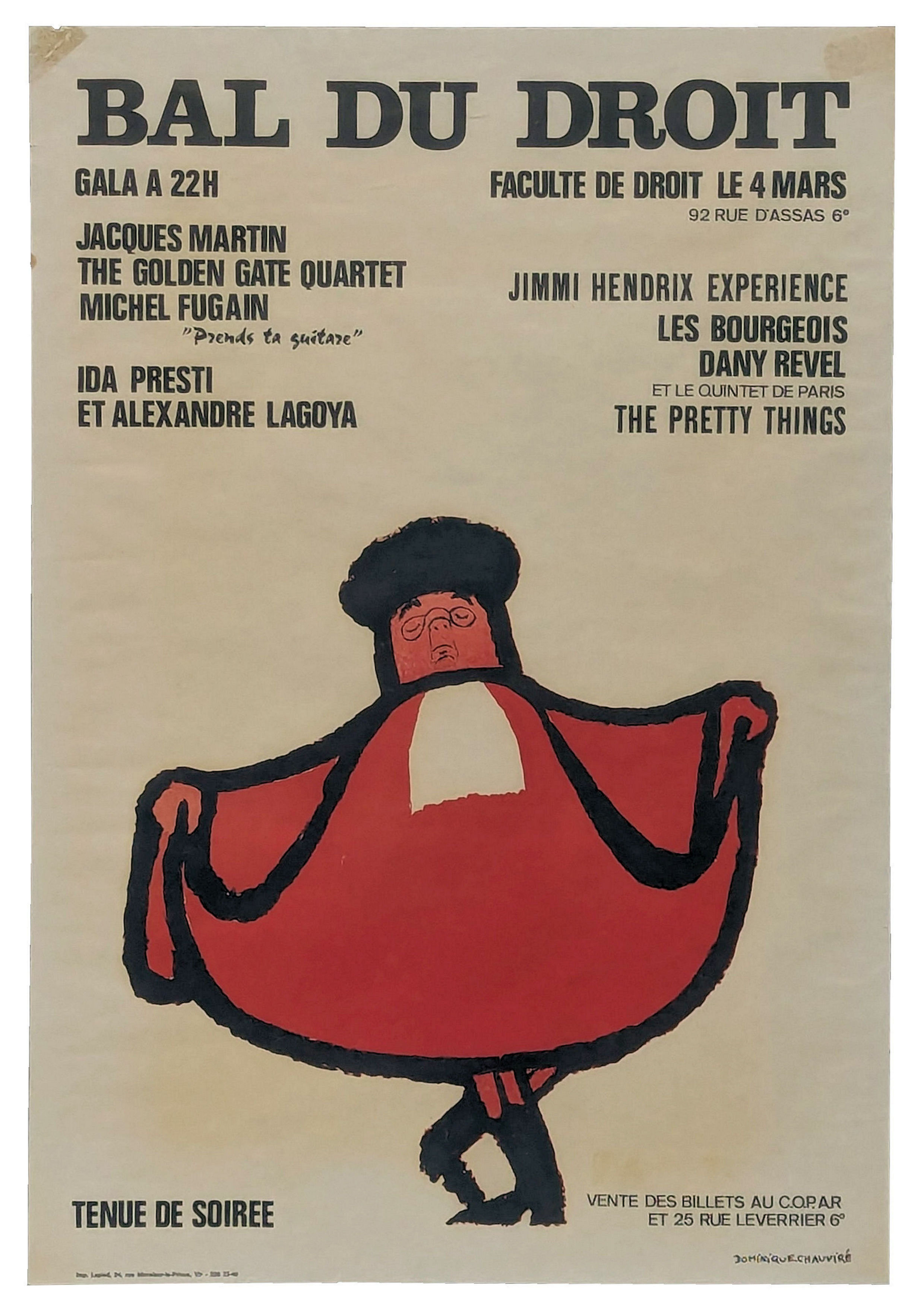 Vintage French Jimi Hendrix Bal Du Droit Paris Concert Poster