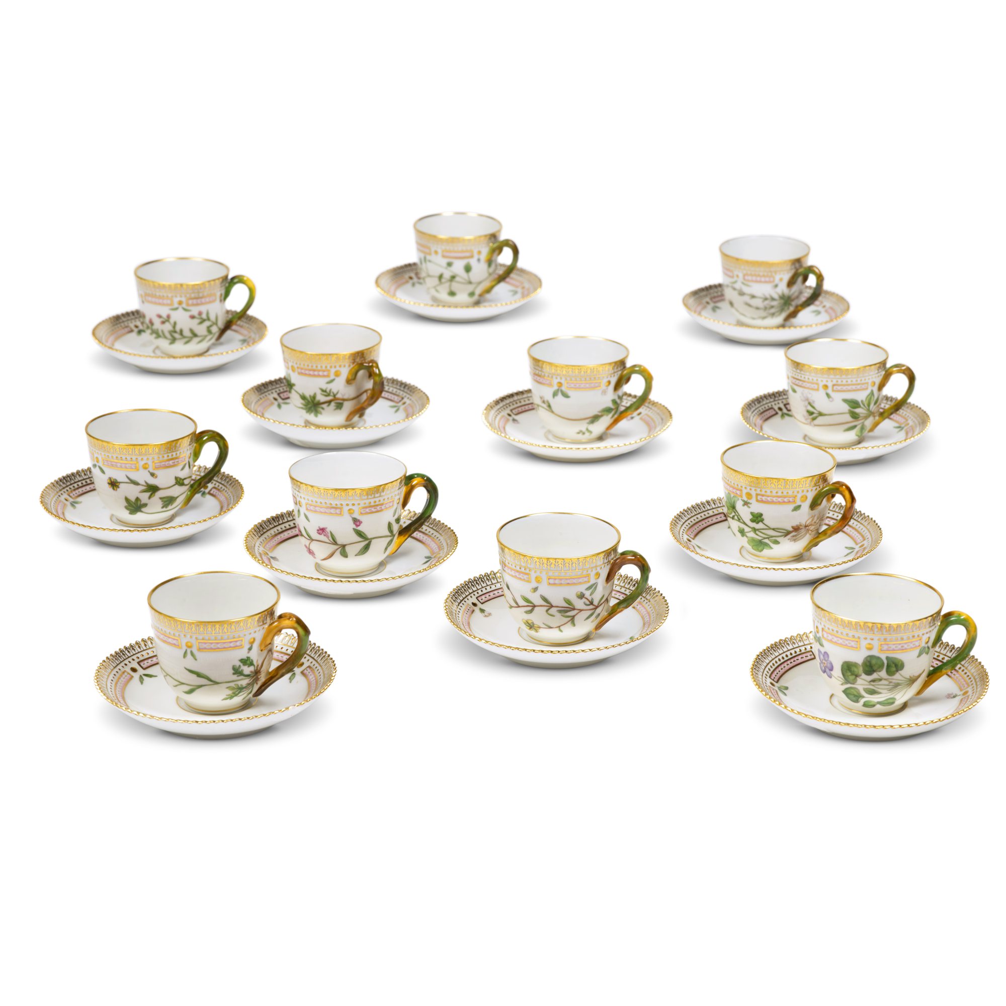 Twelve Royal Copenhagen 'Flora Danica' Demitasse Cups and Saucers