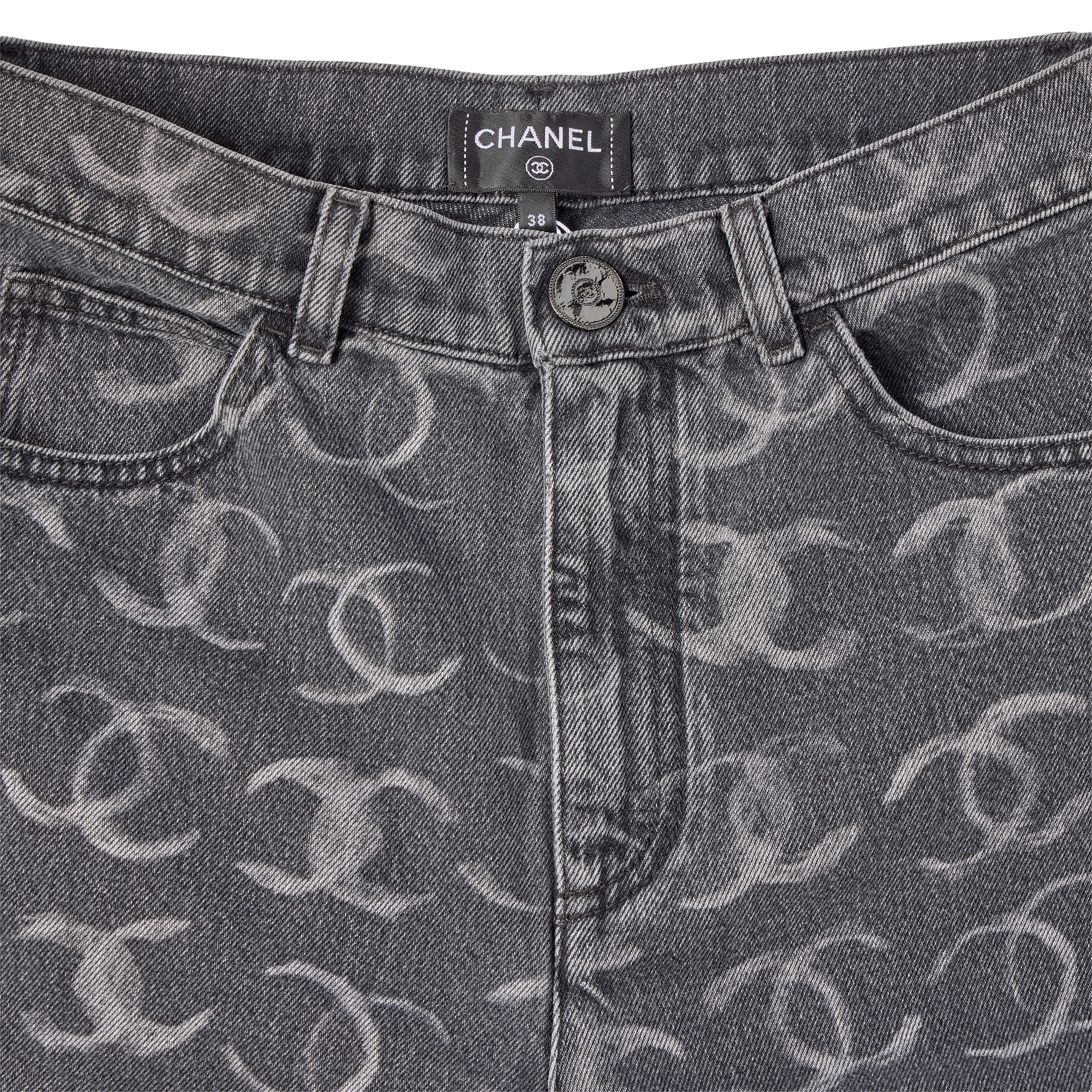 Chanel Runway Black Denim White CC Printed Logo Sequin CC Regular 