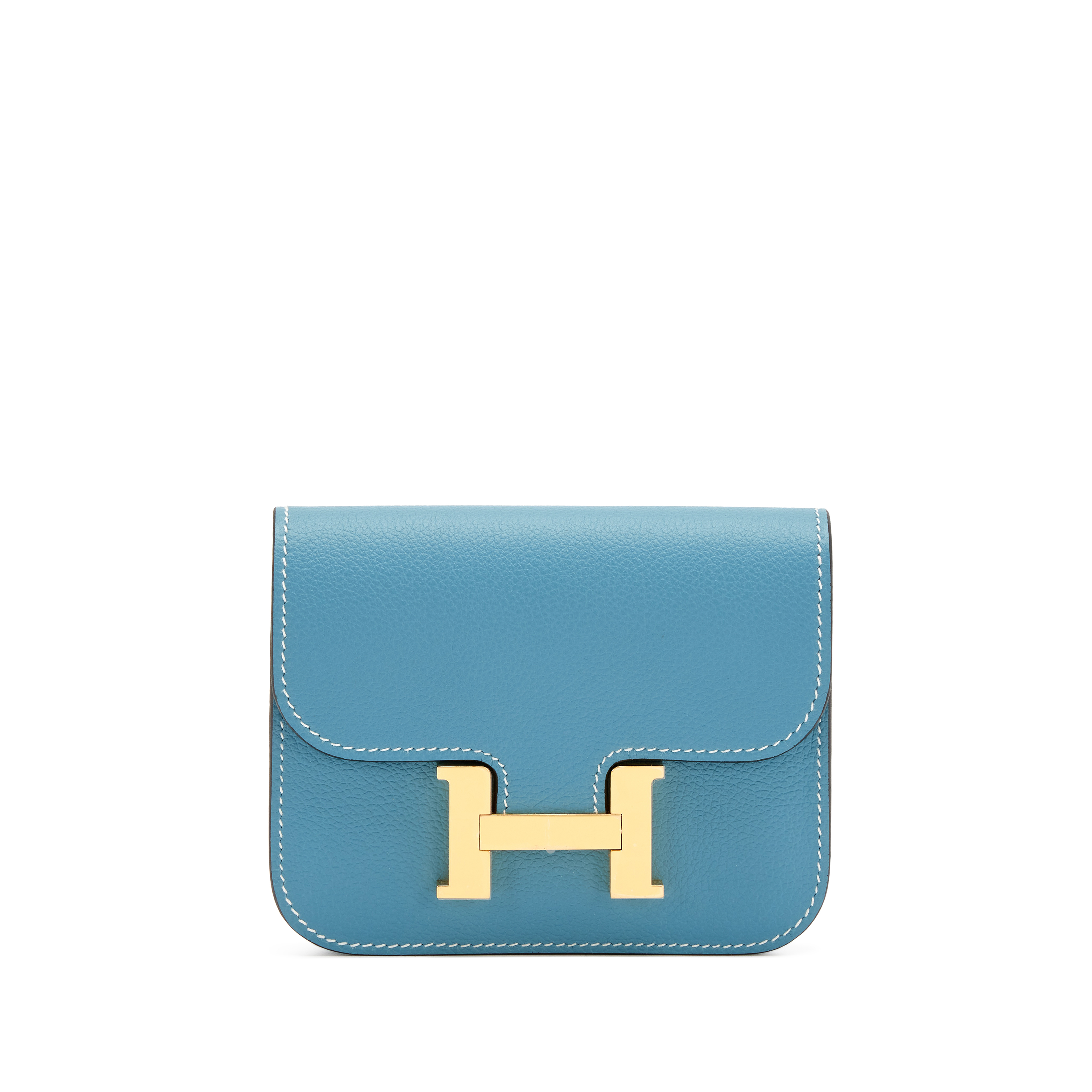Hermès Blue Jean Evercolor Constance Slim Wallet Gold