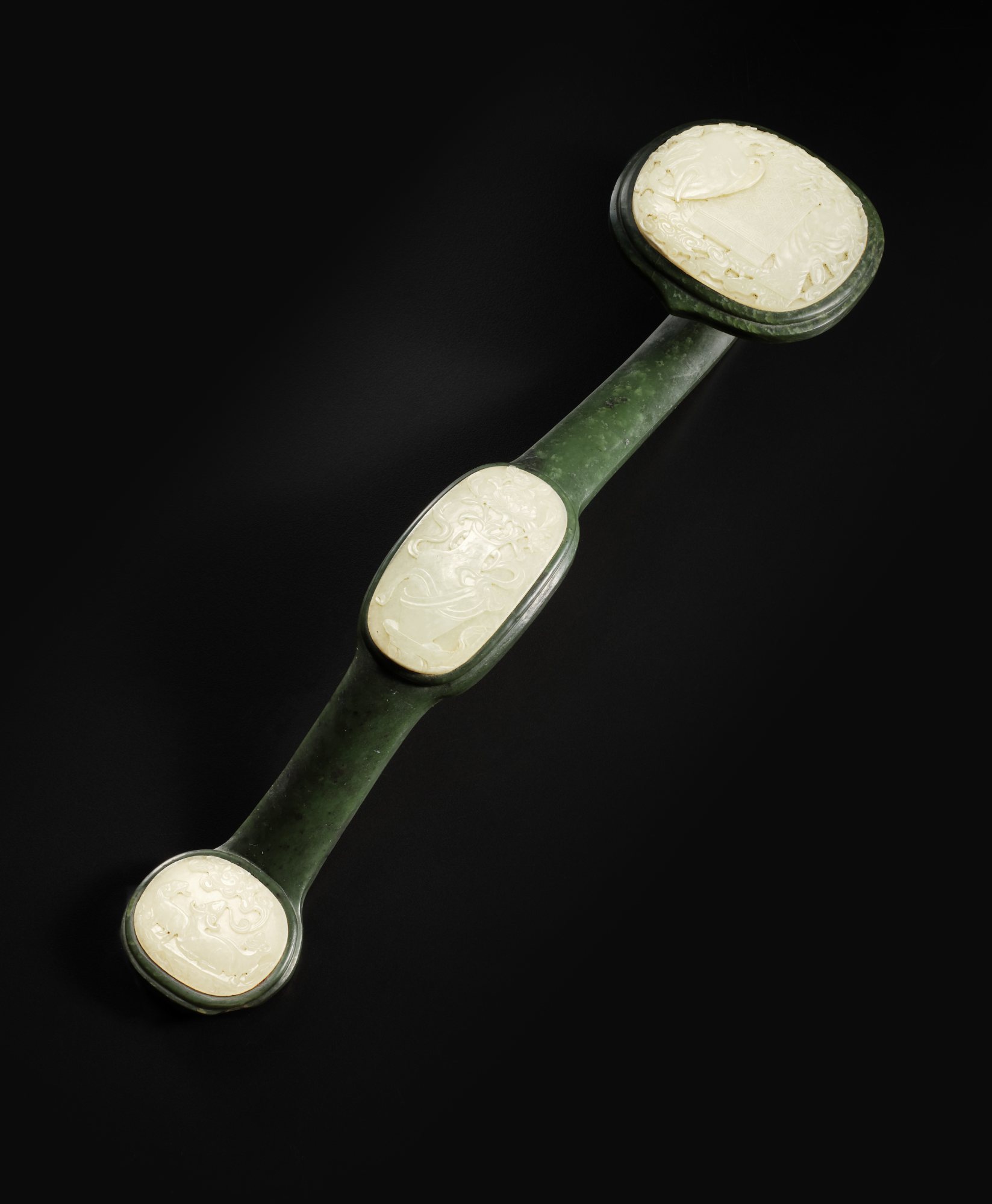 A white jade-inset spinach-green jade ruyi scepter, Qing dynasty, 19th ...