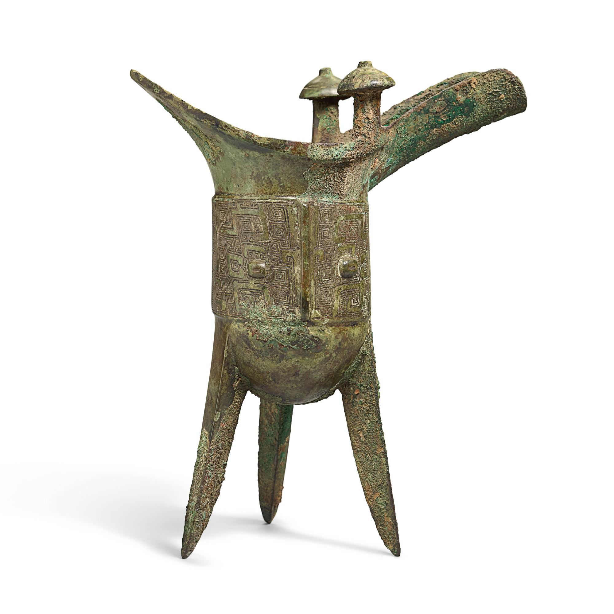 AN ARCHAIC BRONZE RITUAL WINE VESSEL, JUE, LATE SHANG/EARLY WESTERN ...