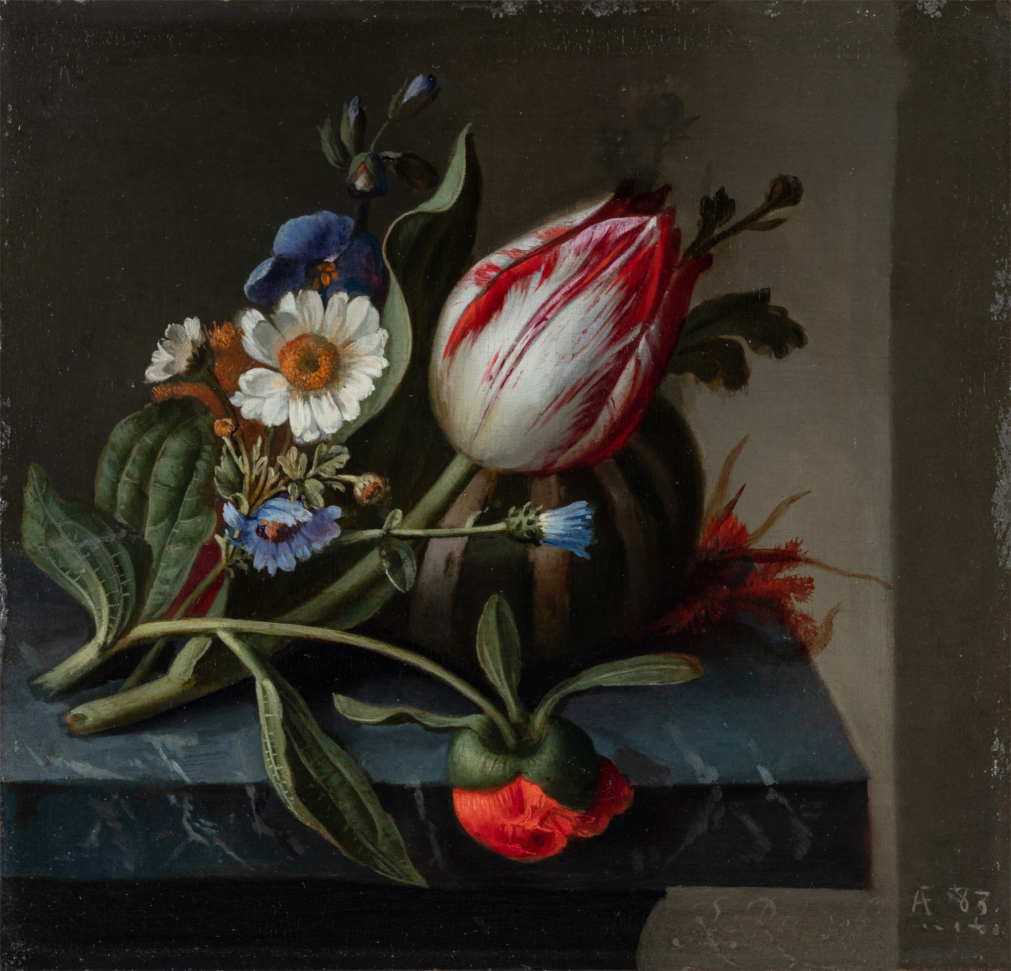 Still life of a tulip and other flowers with a melon upon a ledge《靜物 ...