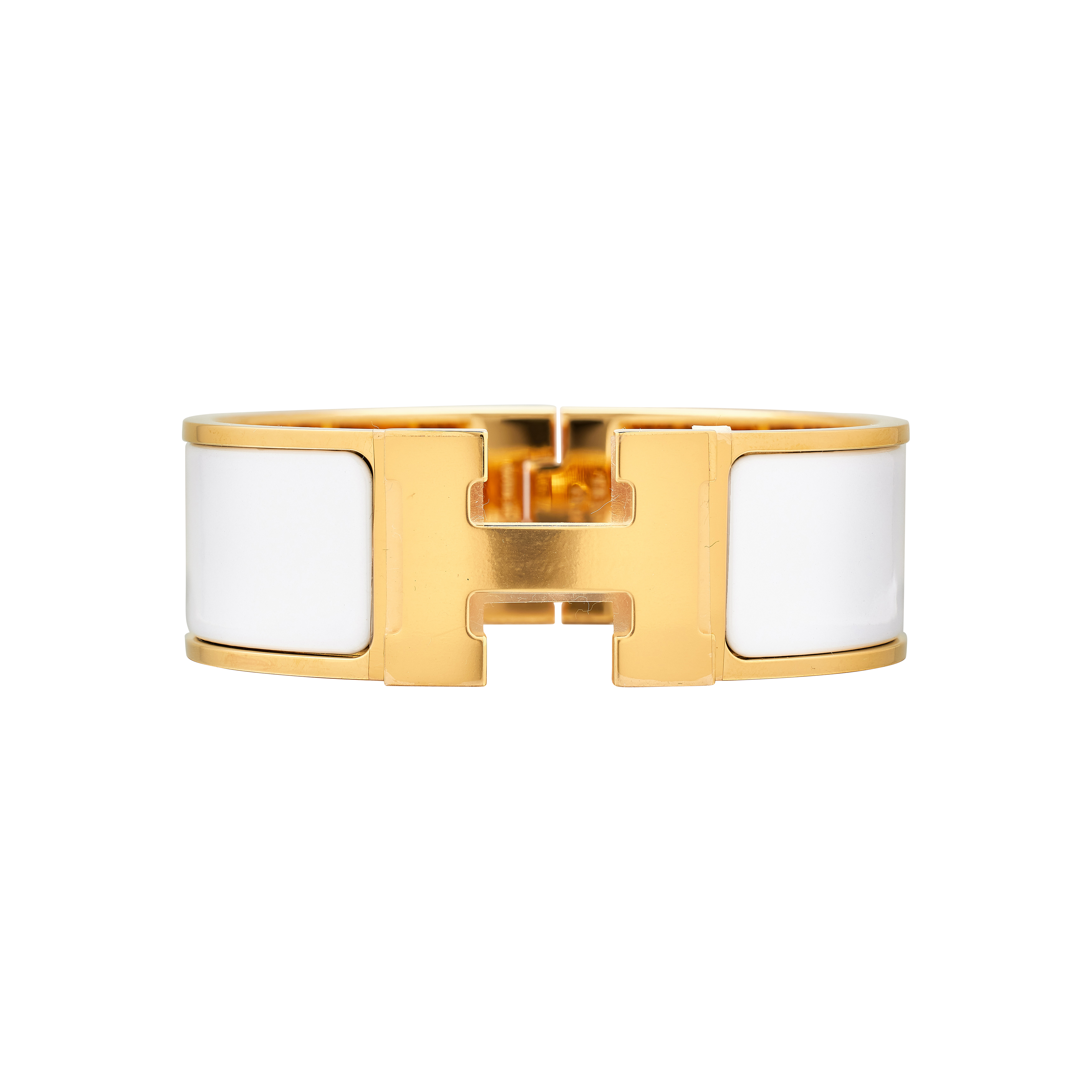 Hermès White Enamel Wide Clic Clac H Bracelet PM Gold Hardware