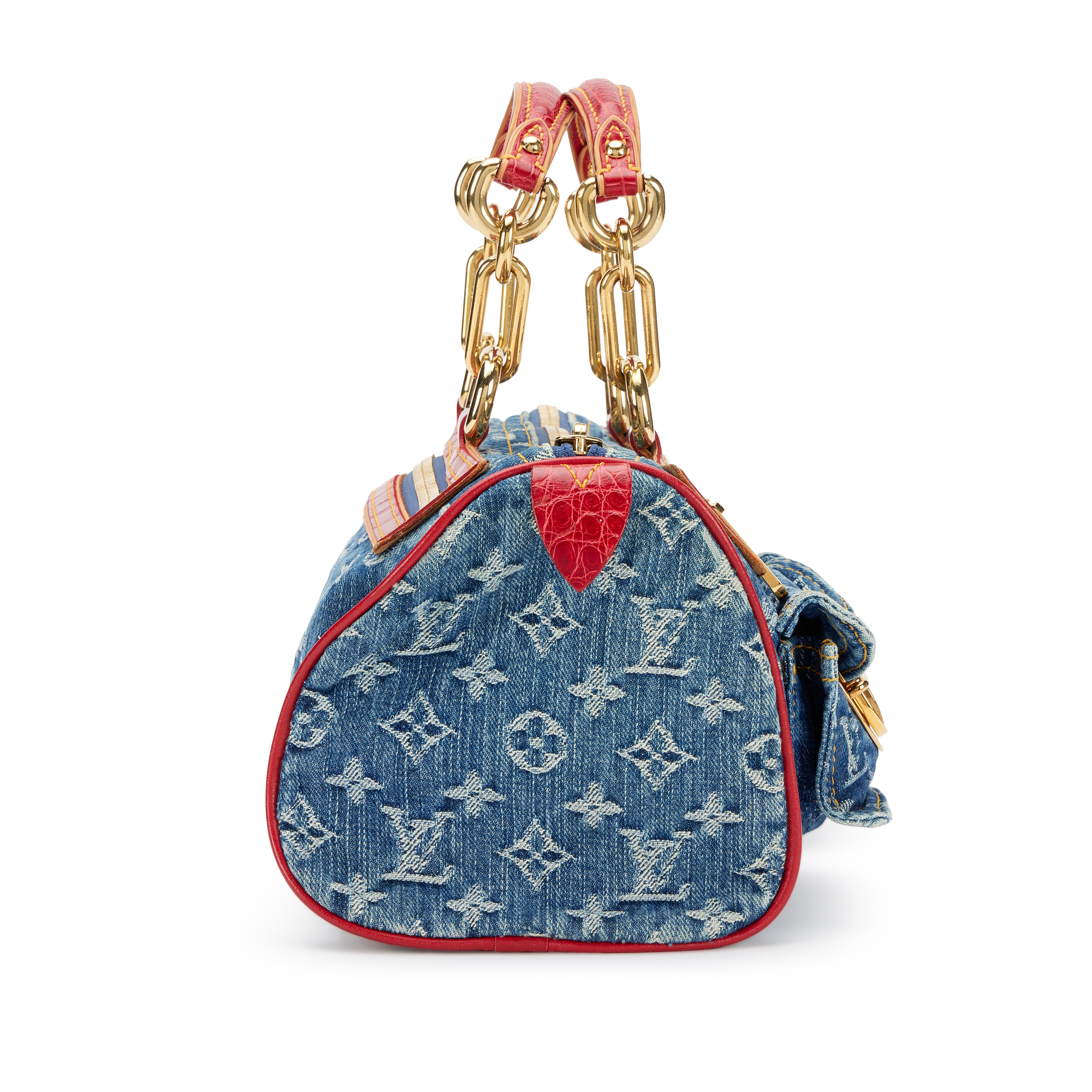 Louis Vuitton Blue Monogram Denim And Red Alligator Neo Speedy Bag