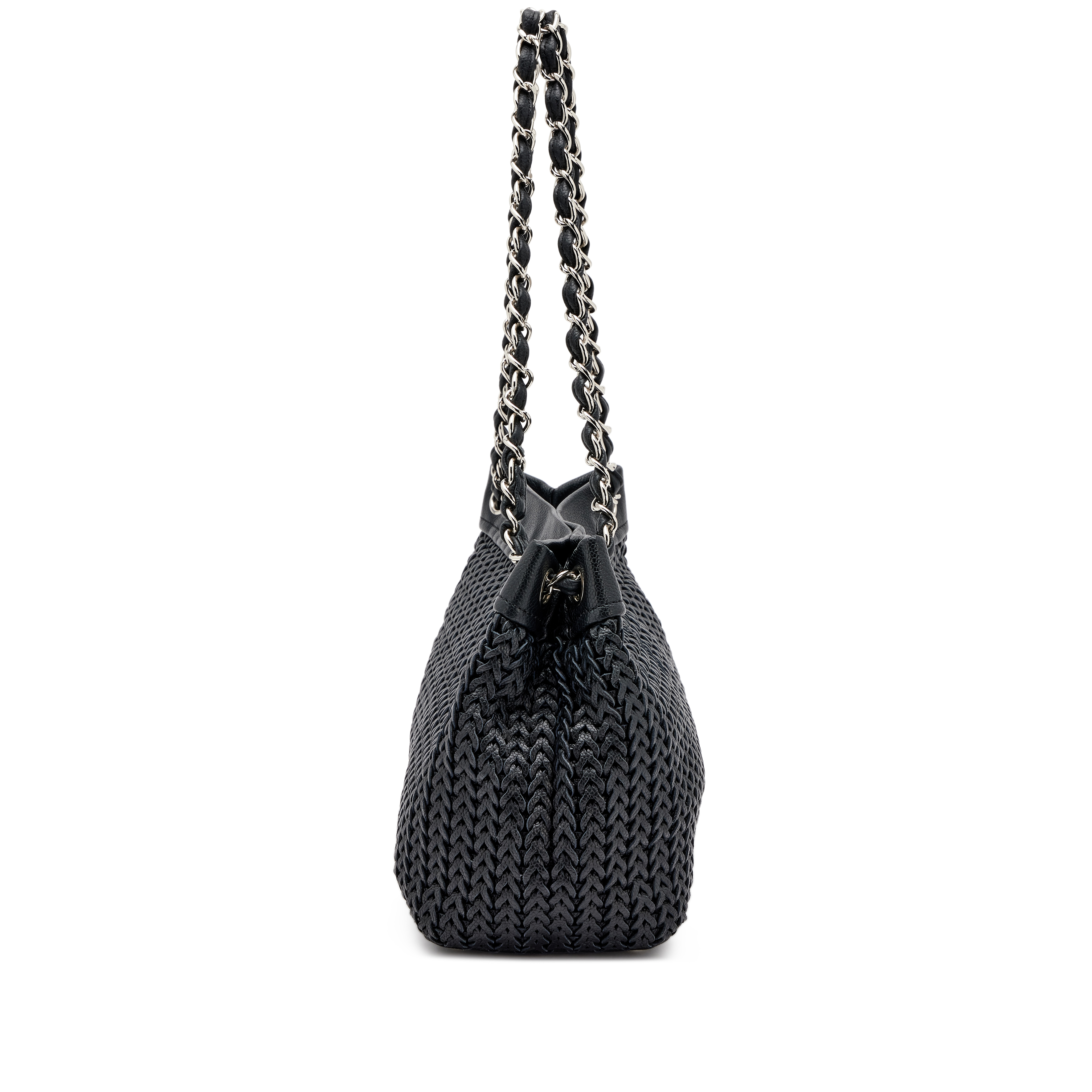 Chanel Vintage Black Woven Braided Caviar Chain Bag Silver