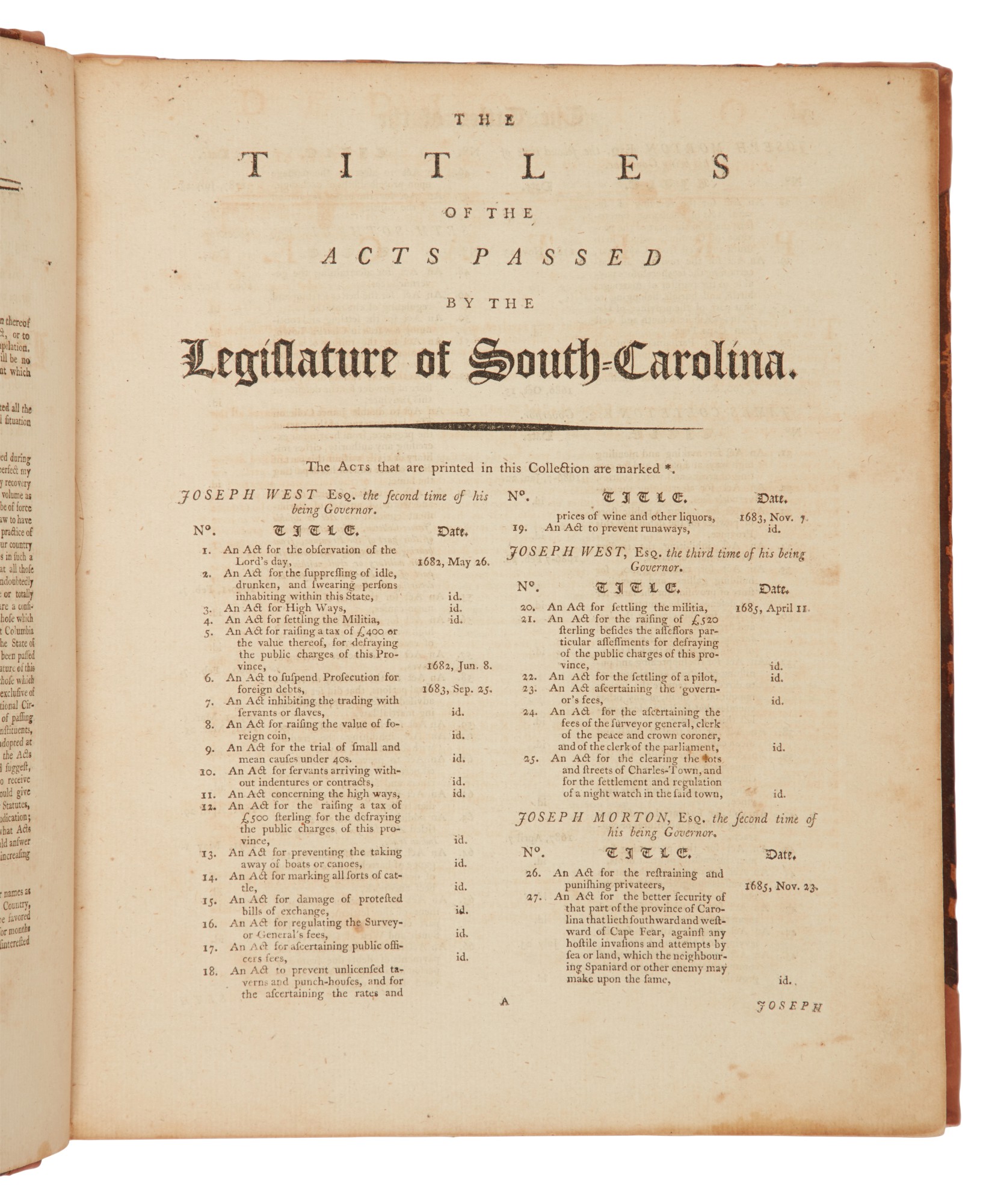 South Carolina First edition of an important compendium of laws and