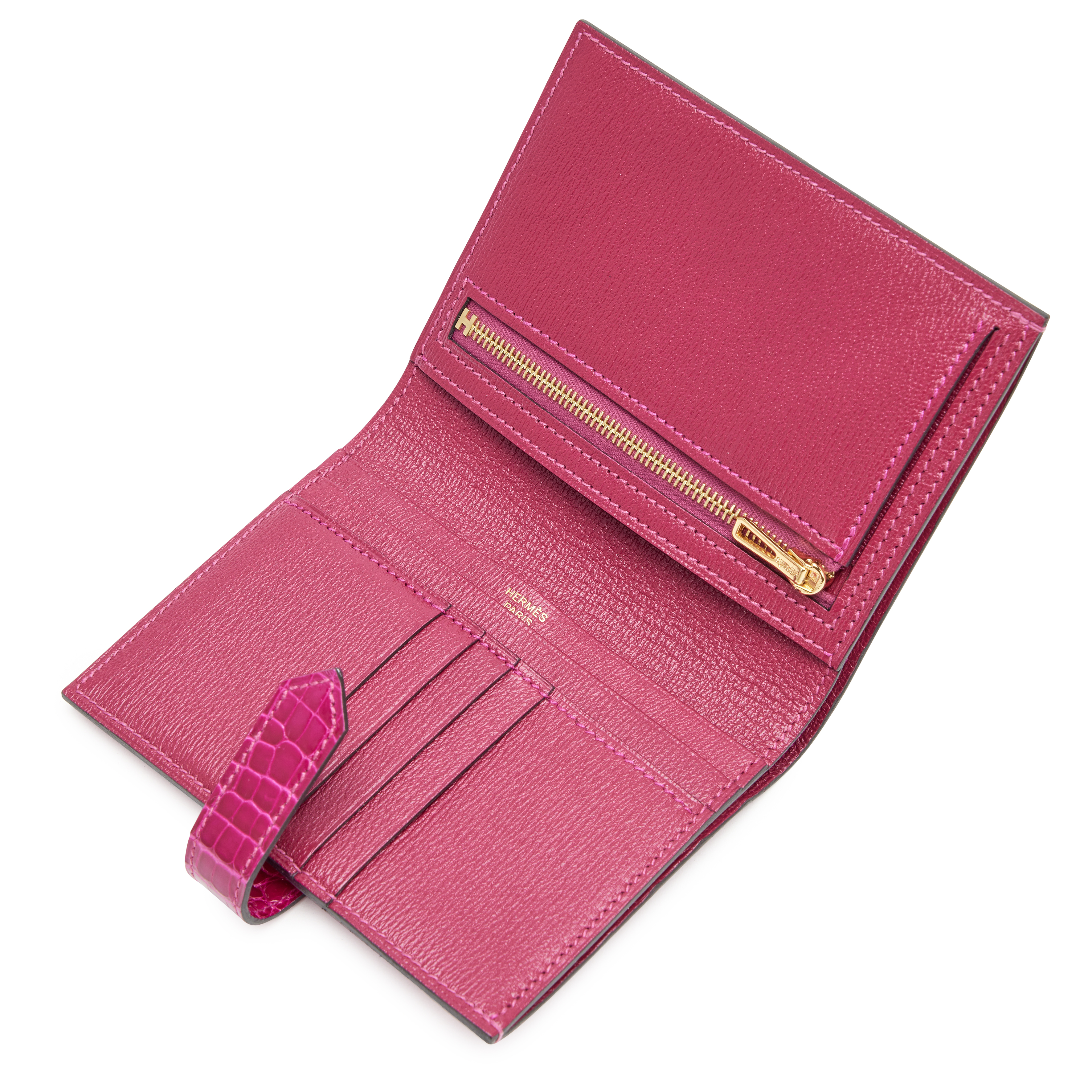 Hermès Rose Scheherazade Shiny Alligator Bearn Compact Wallet Gold