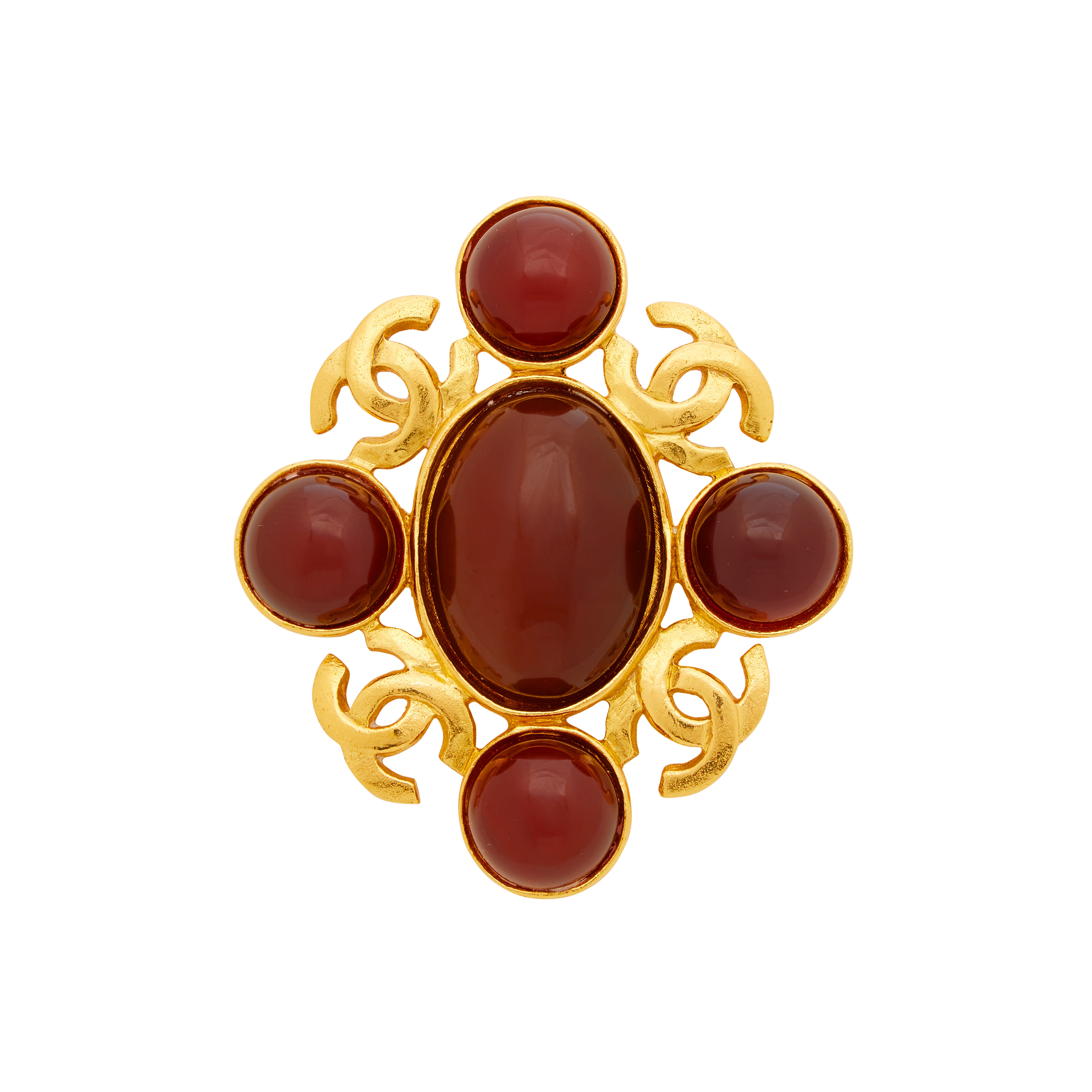Chanel Vintage Vintage Red Gripoix And Gold Metal Cabochon Brooch