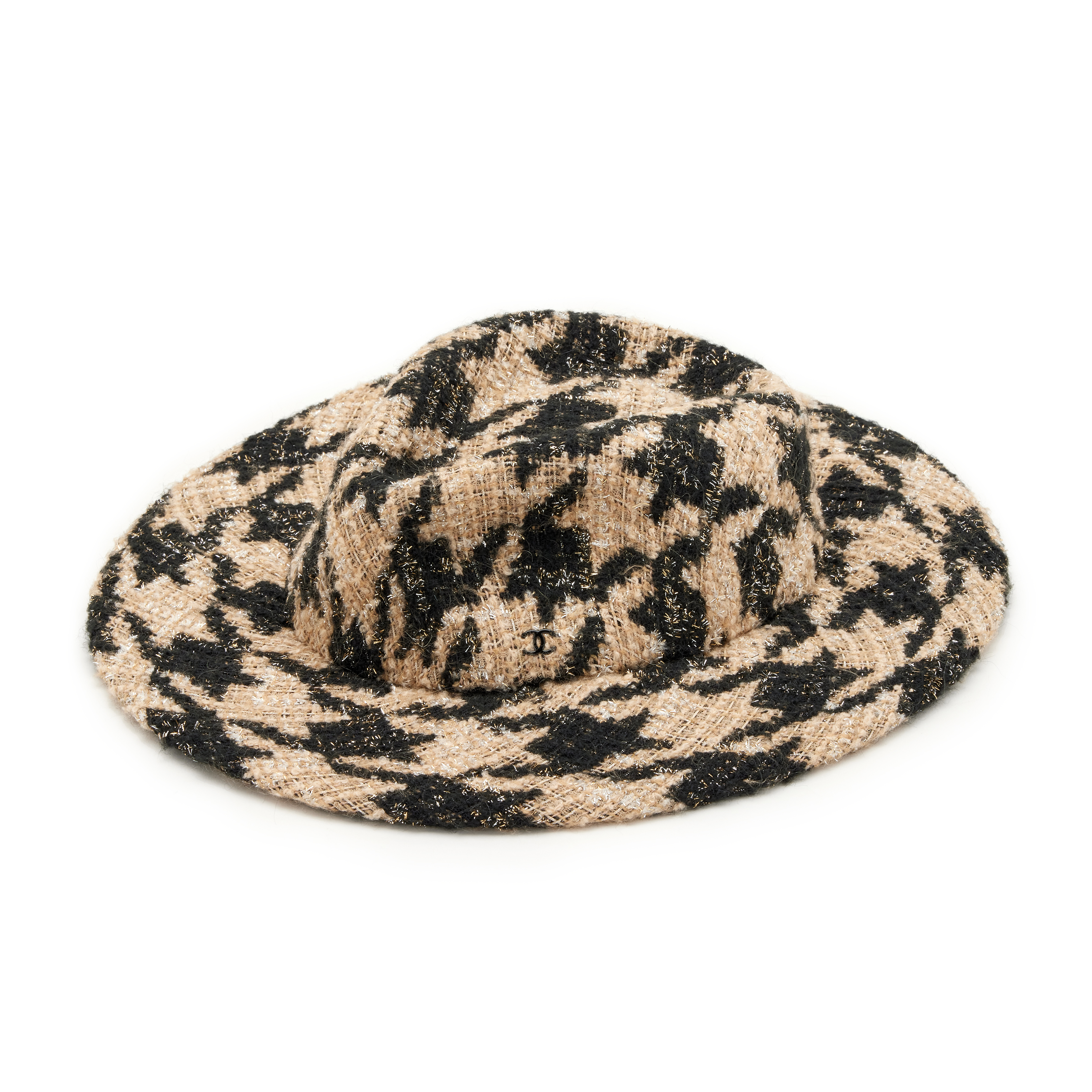 Chanel Hat Black, Beige 100% Cotton Chanel Beige, Black And Silver Houndstooth Tweed Fedora Hat  main image 4