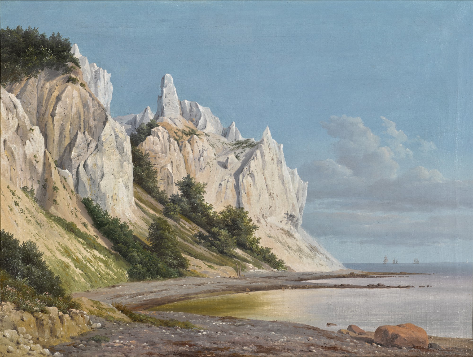 A coastal view of the white chalk cliffs of Møn island, Denmark A