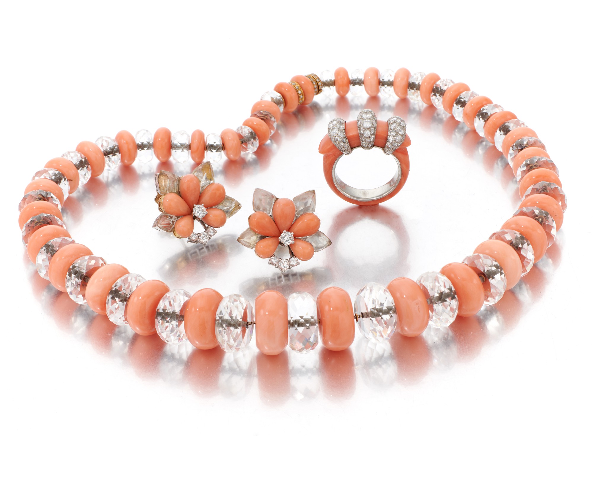 CORAL AND DIAMOND RING, SIGNED CARTIER, CORAL AND ROCK CRYSTAL NECKLACE ...