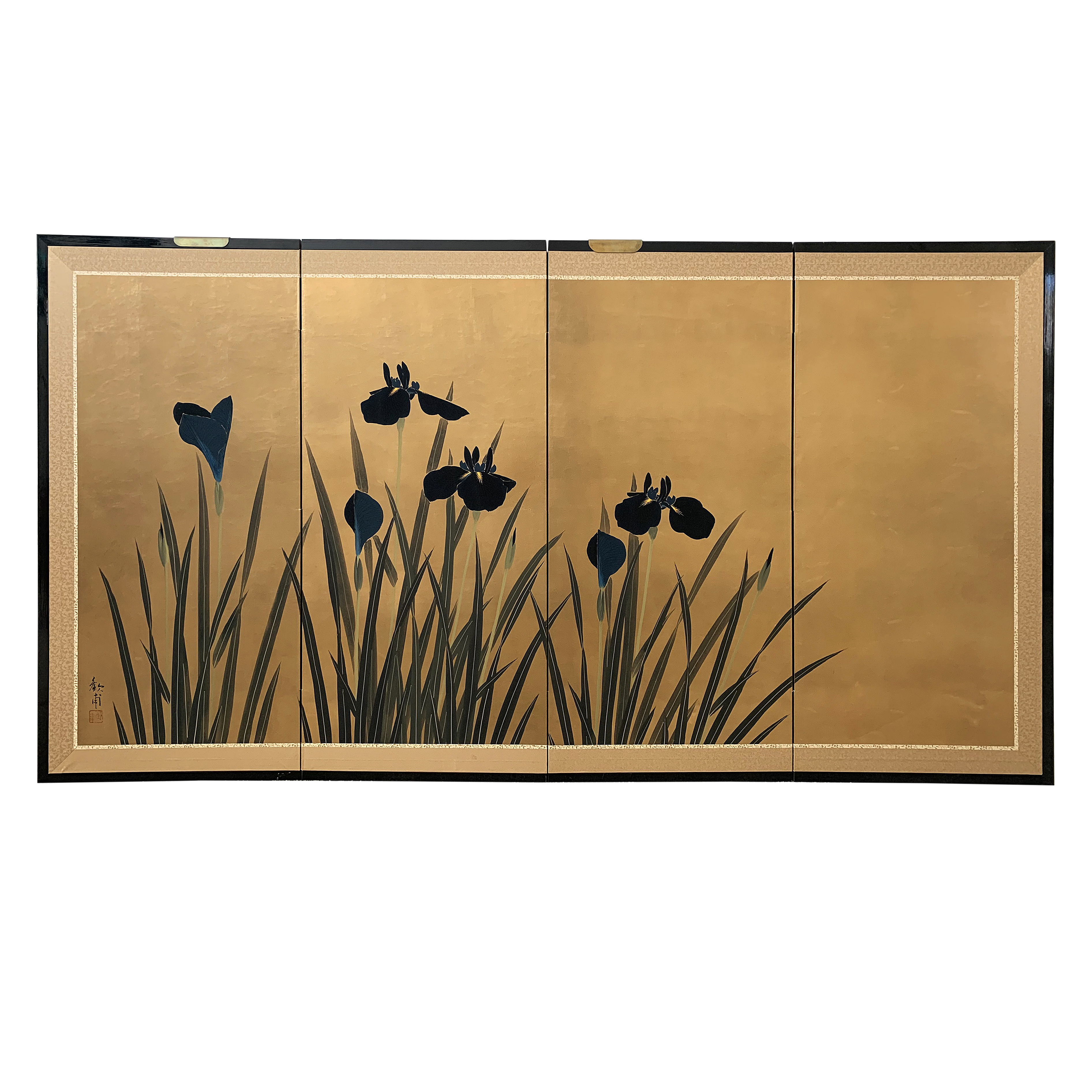 Antique Japanese Taisho Four-Panel Iris Byobu Screen Available For
