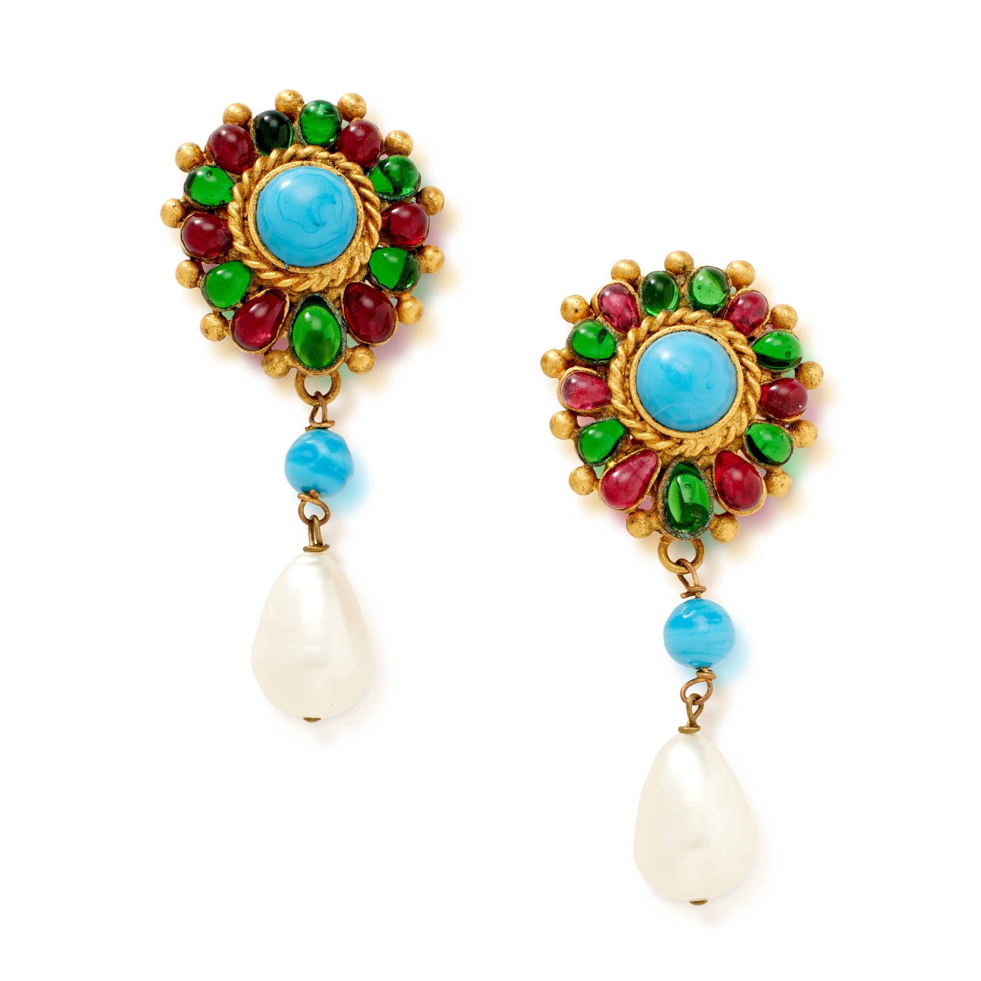 Chanel Vintage Gold Metal, Pink And Green Gripoix, Turquoise, And Imitation  Pearl Drop Earrings, 1993 Available For Immediate Sale At Sotheby's