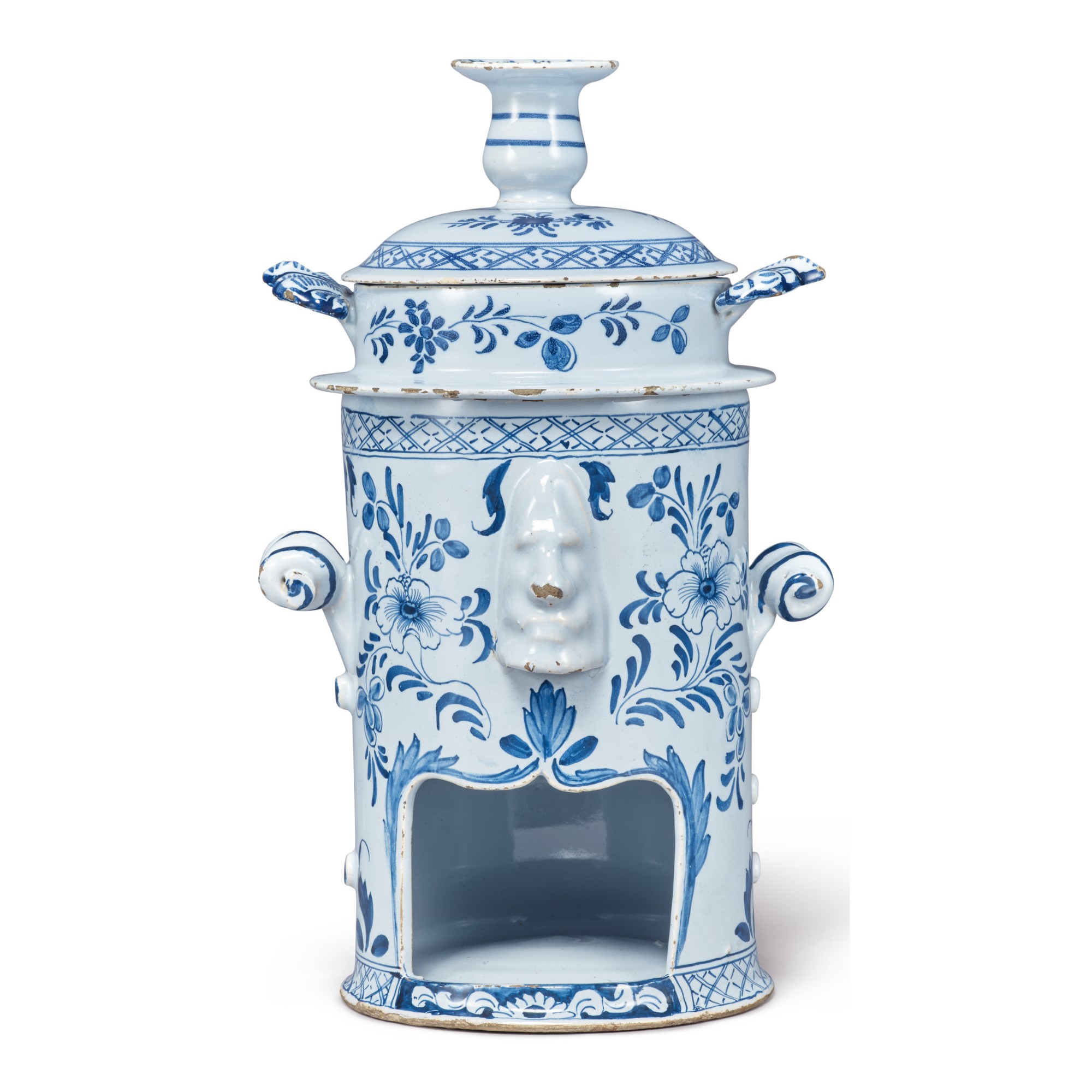 AN ENGLISH DELFTWARE BLUE AND WHITE FOOD WARMER, LINER AND COVER, CIRCA ...