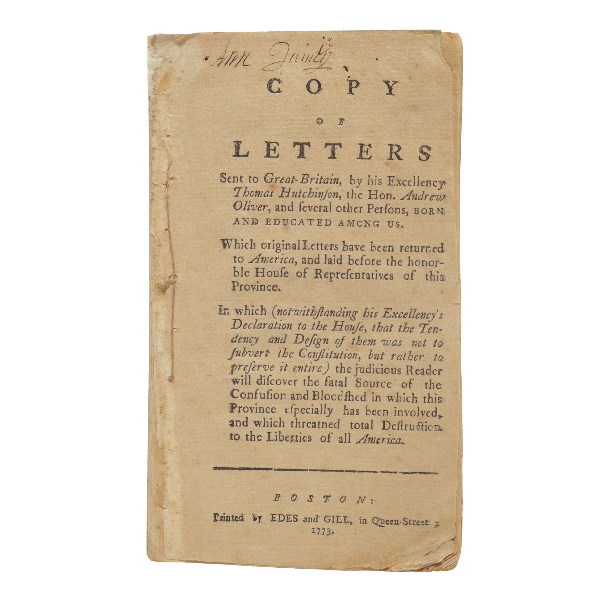 (Hutchinson, Thomas, et al.) The scarce first edition of one of the