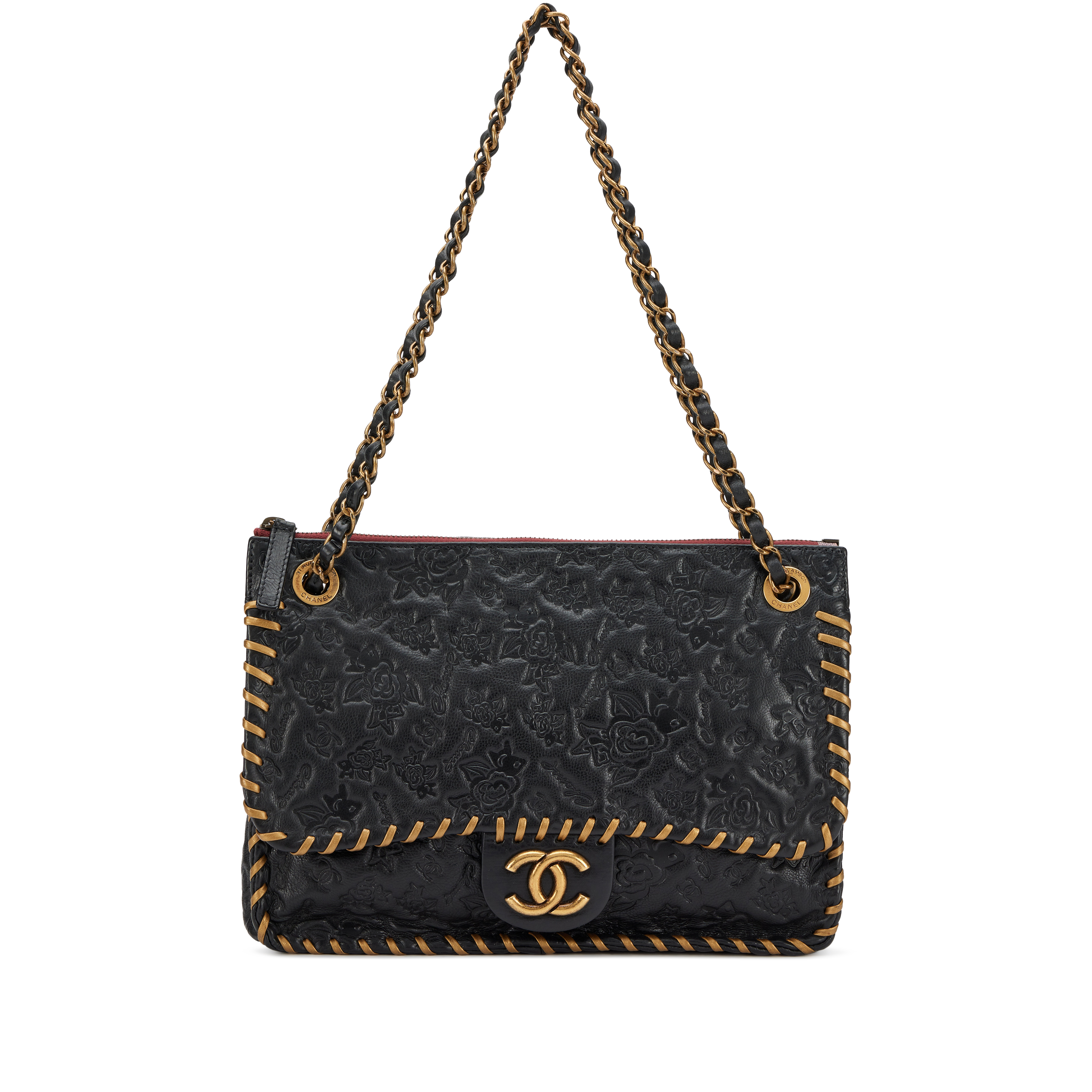 Chanel Black Calfskin Embossed Camellia CC Logo Symbols Whipstitch