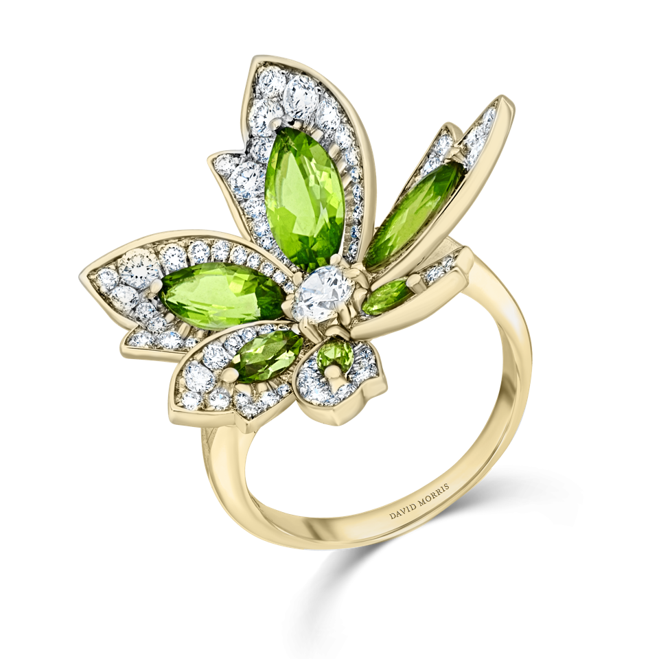 David Morris Green Tourmaline, Diamond And Yellow Gold Palm Ring