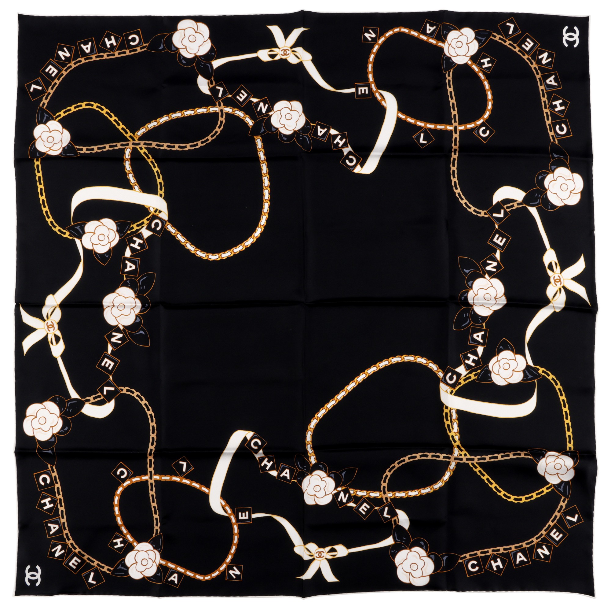 25A◆上品でときめく存在感【CHANEL】スカーフ Cashmere & Silk Chanel Black And Gold Silk CC Charms Scarf, 2022 Available
