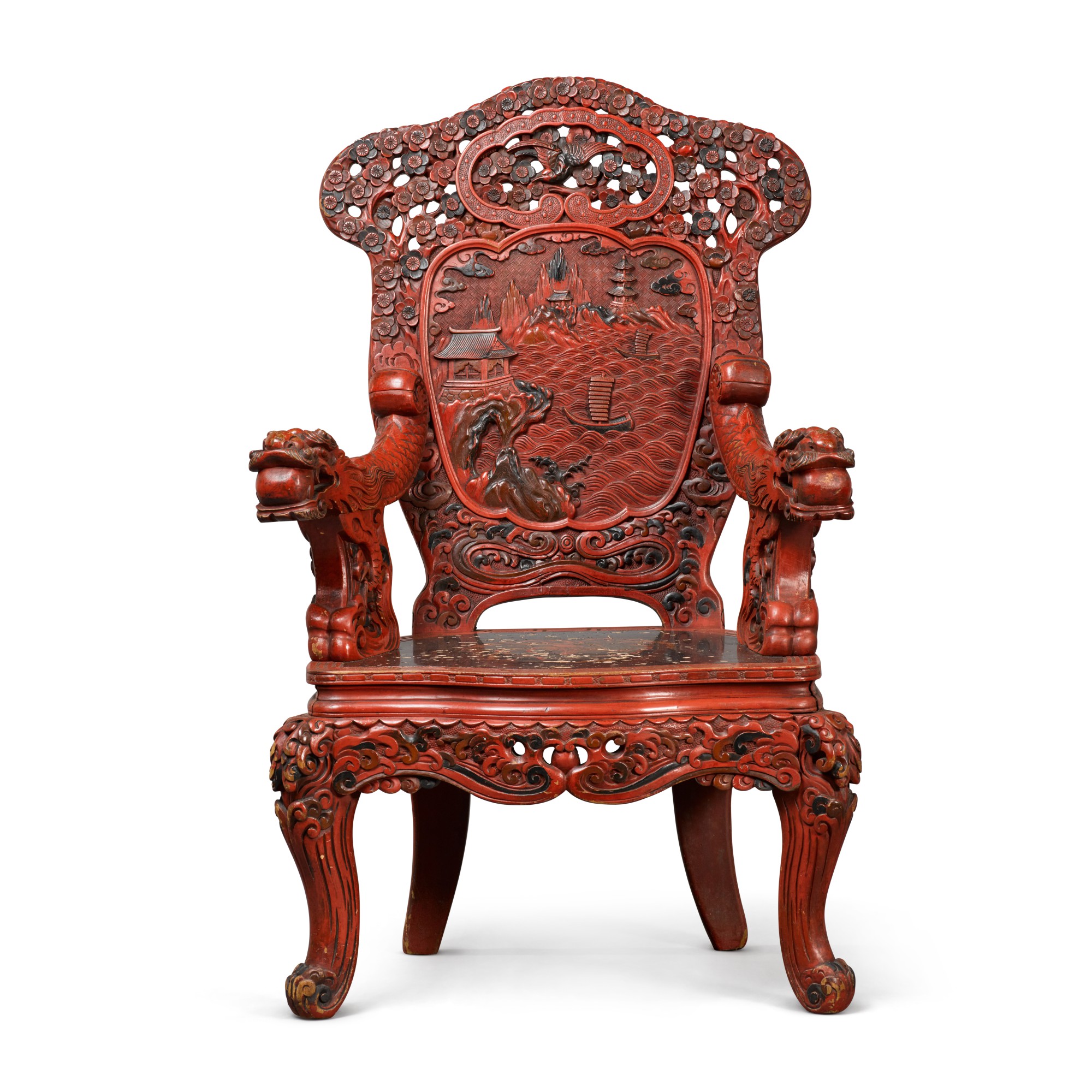 A PAIR OF CHINESE RED AND BLACK LACQUER CARVED WOOD THRONE CHAIRS, LATE 19TH CENTURY New