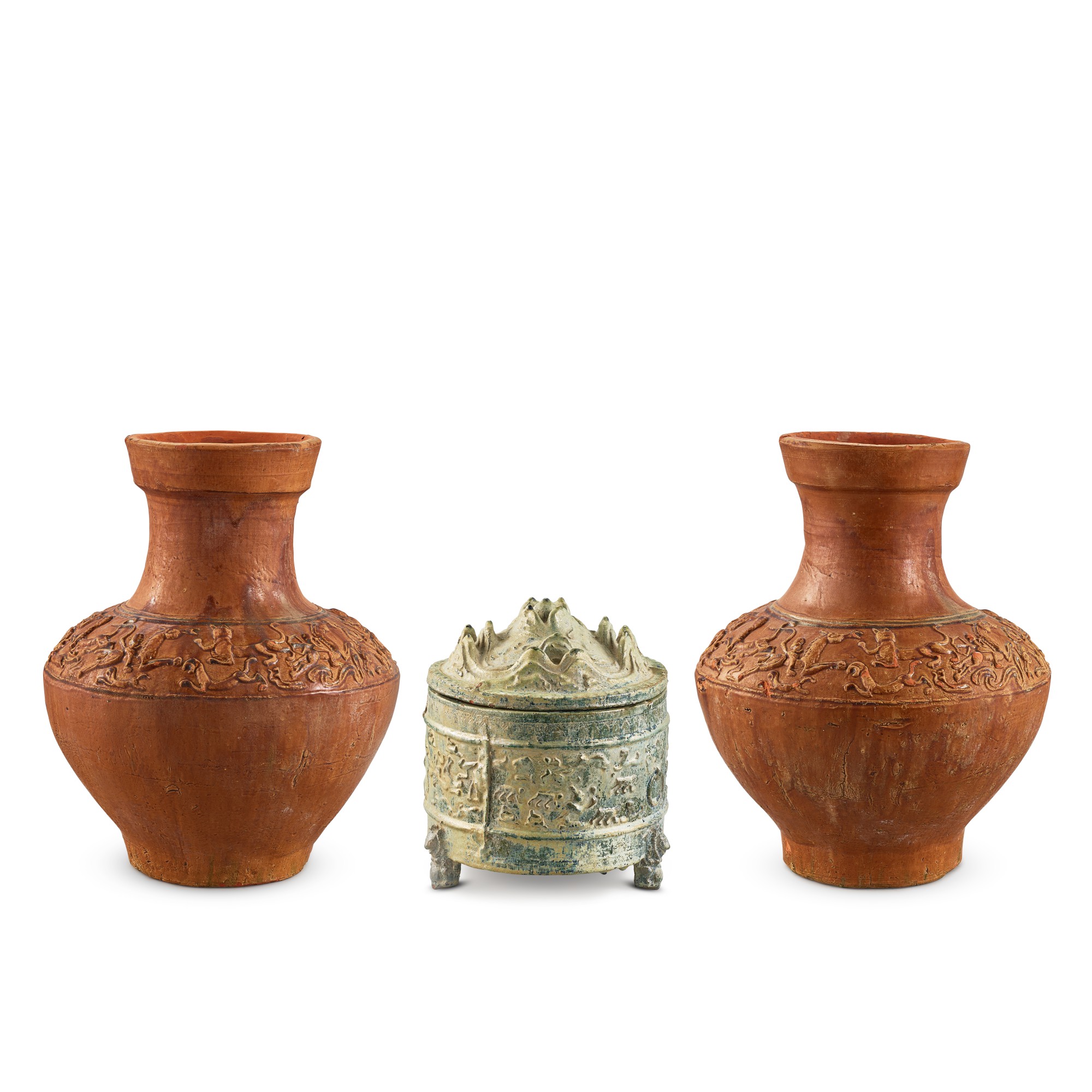 A greenglazed incense burner, Boshan lu, and a pair of brownglazed