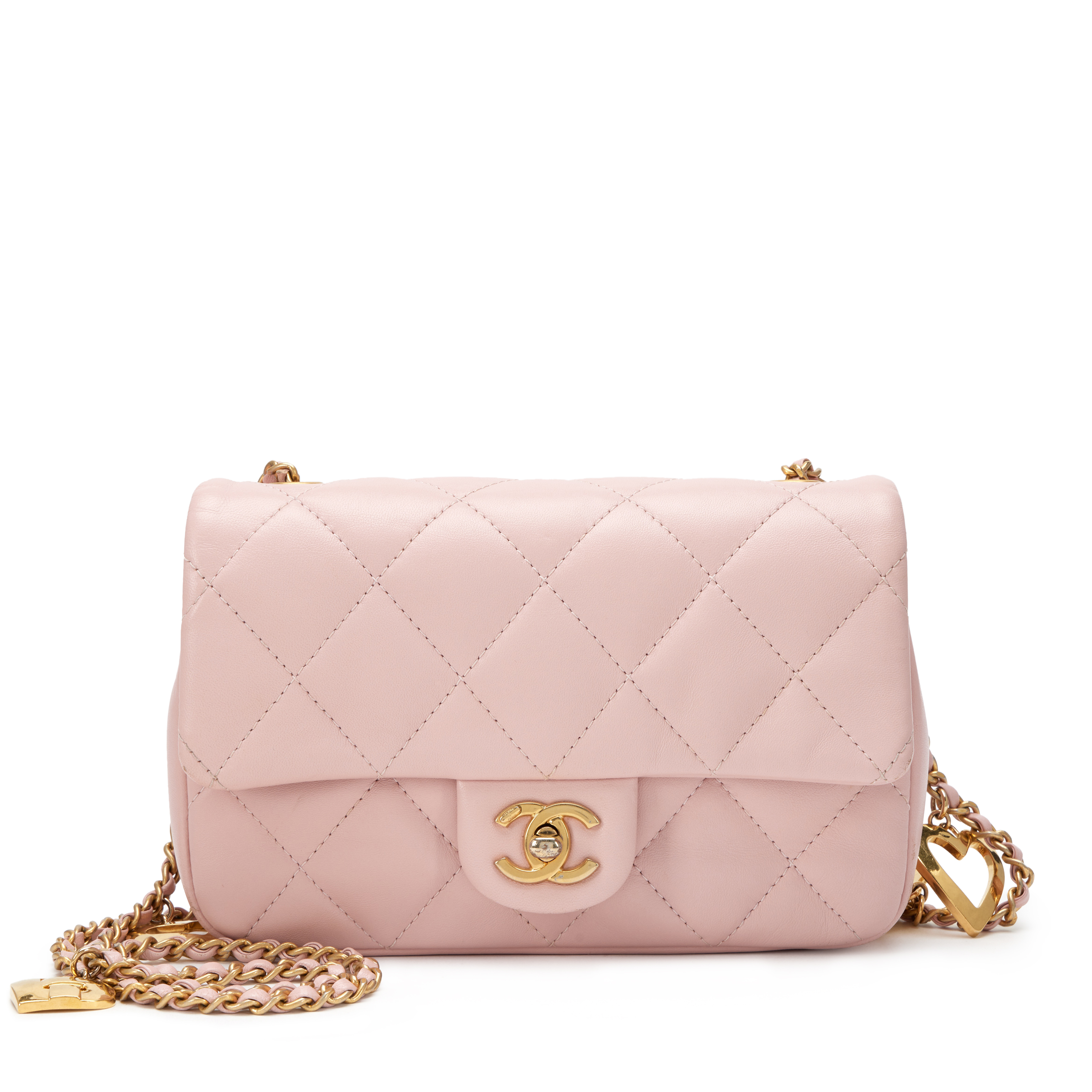 Chanel Pink Quilted Lambskin Mini Heart Charms Flap Bag Aged