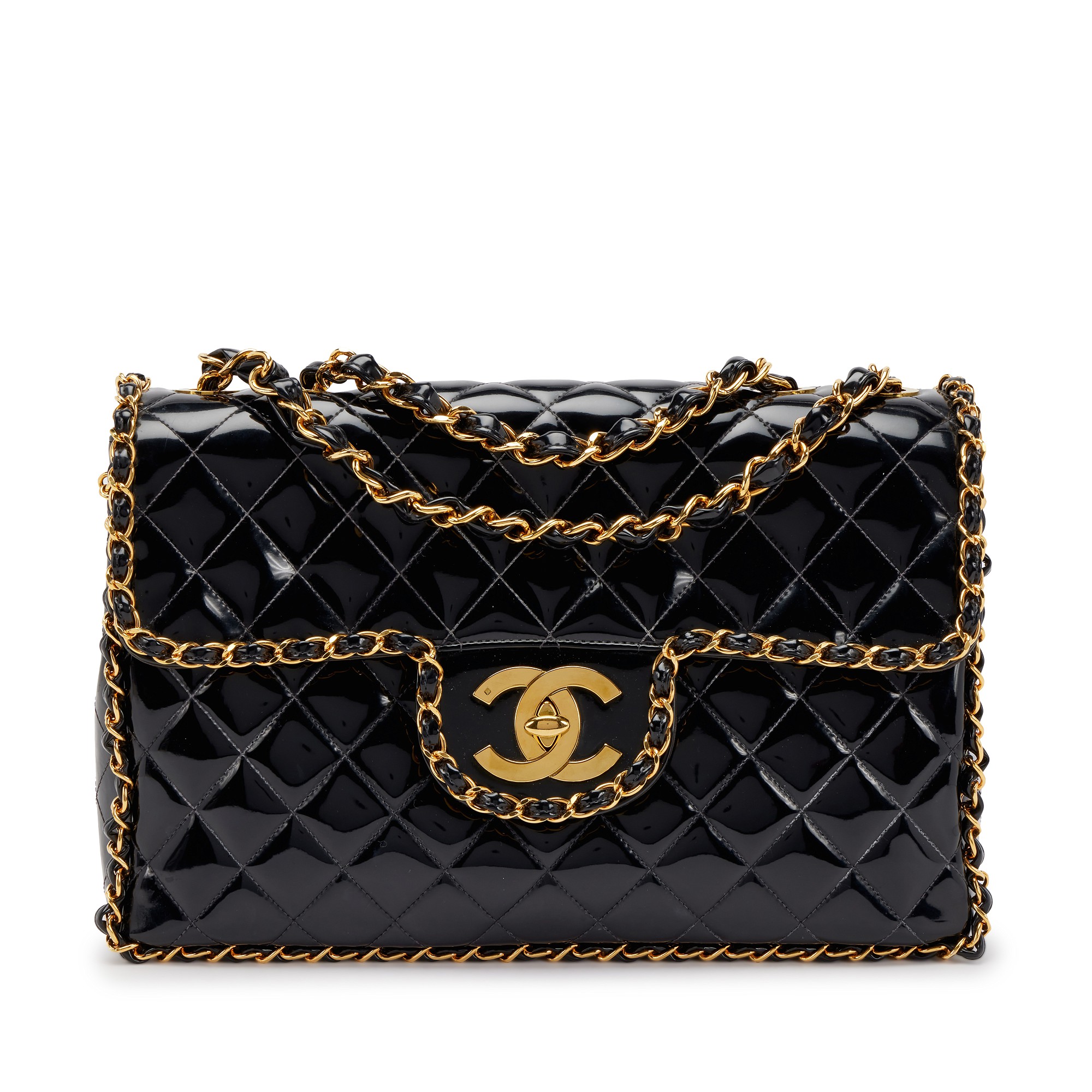 Chanel Vintage Black Quilted Patent Leather Maxi Classic Chain
