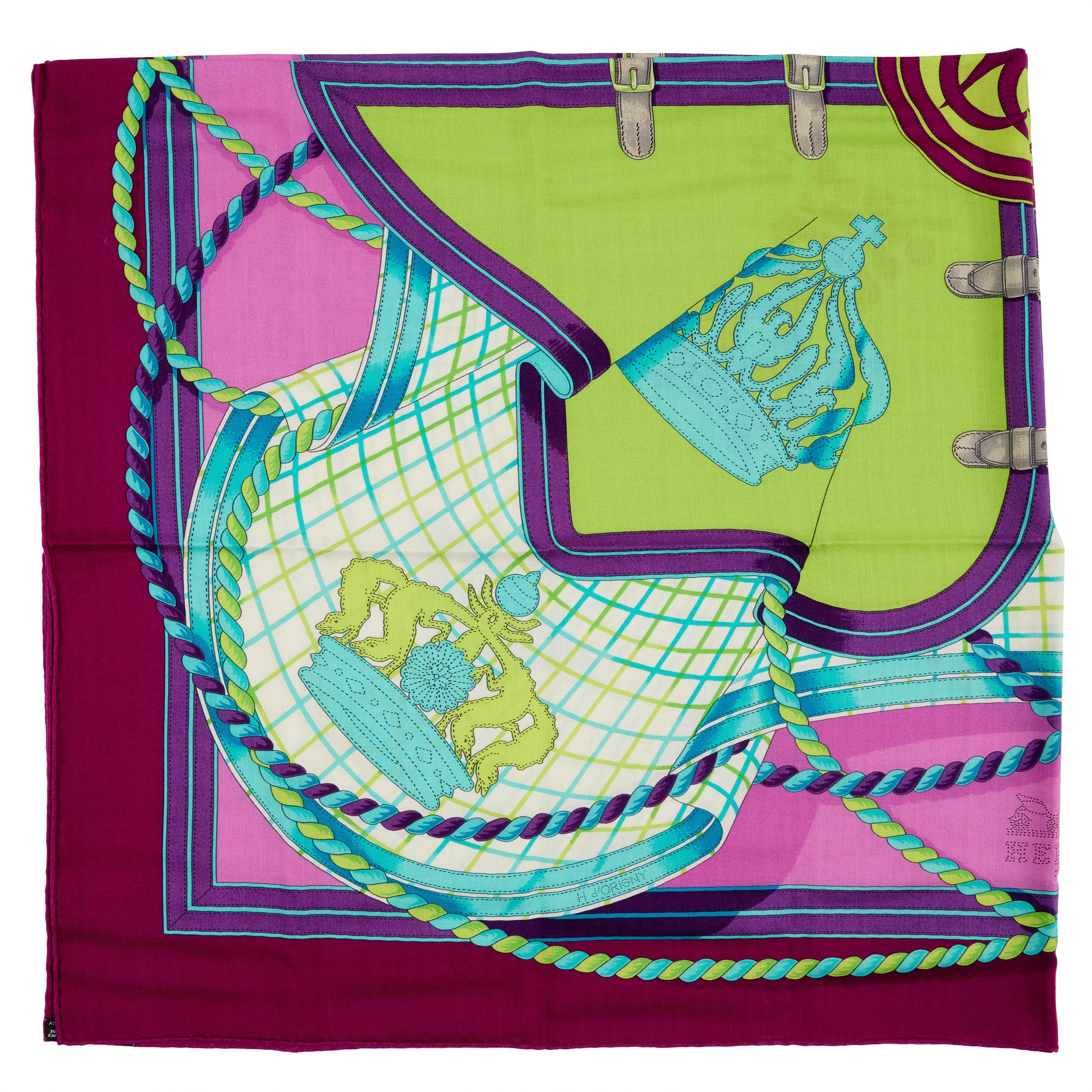 HERMES エルメス GRANDE TENUE プチカレ スカーフ Hermès Purple, Aqua, And Green Grande Tenue Cashmere And Silk